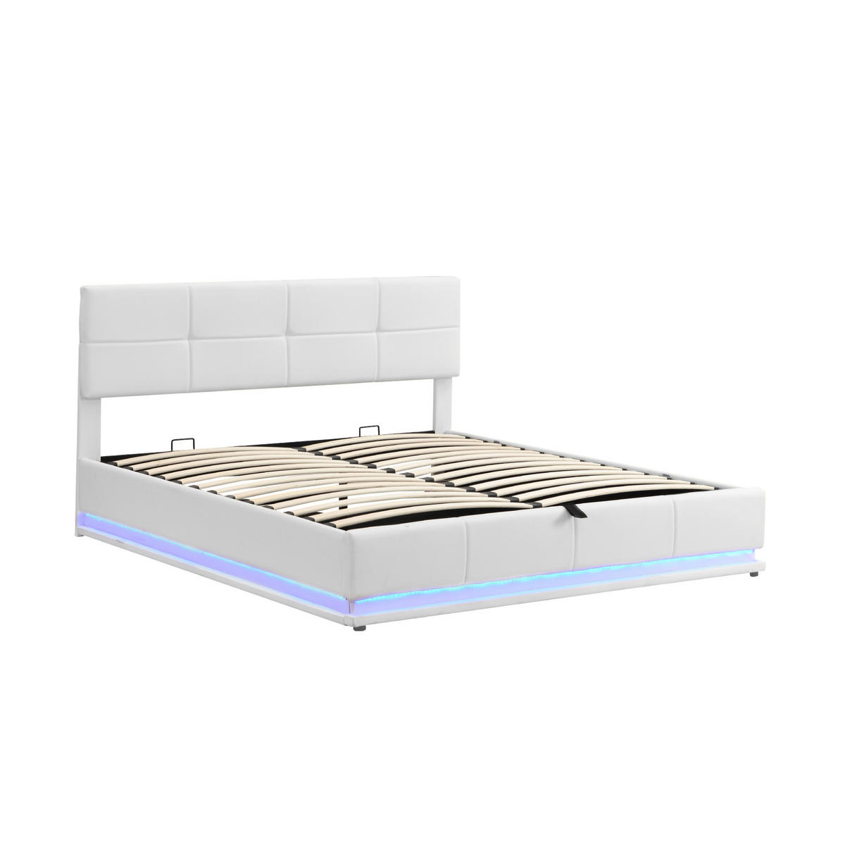 ČALÚNENÁ posteľ z MDF a kovu 180x200 cm biela s LED osvetlením, hydraulickým úložným priestorom a nastaviteľným čelom - biela, textil (180/200cm) - Modfu