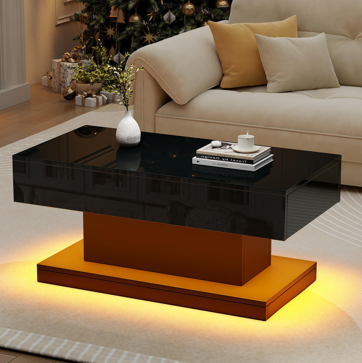 COUCHTISCH 100/50 cm mit 2 Schubladen und LED-Beleuchtung in Schwarz - Schwarz, Holzwerkstoff (100/50/45cm) - BEAOK
