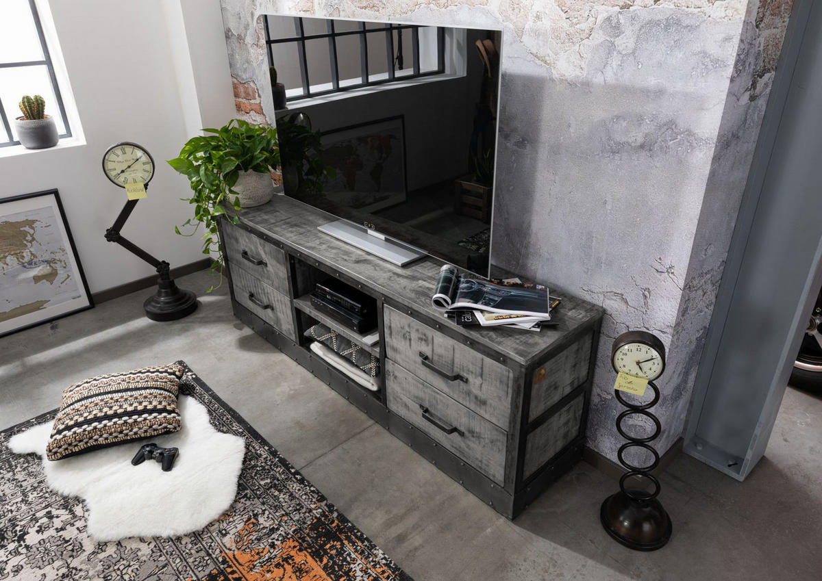 TV-BOARD Mango 180x40x60 grau lackiert HEAVY INDUSTRY #139 - Grau, Holz (180/60/40cm) - Massivmoebel24