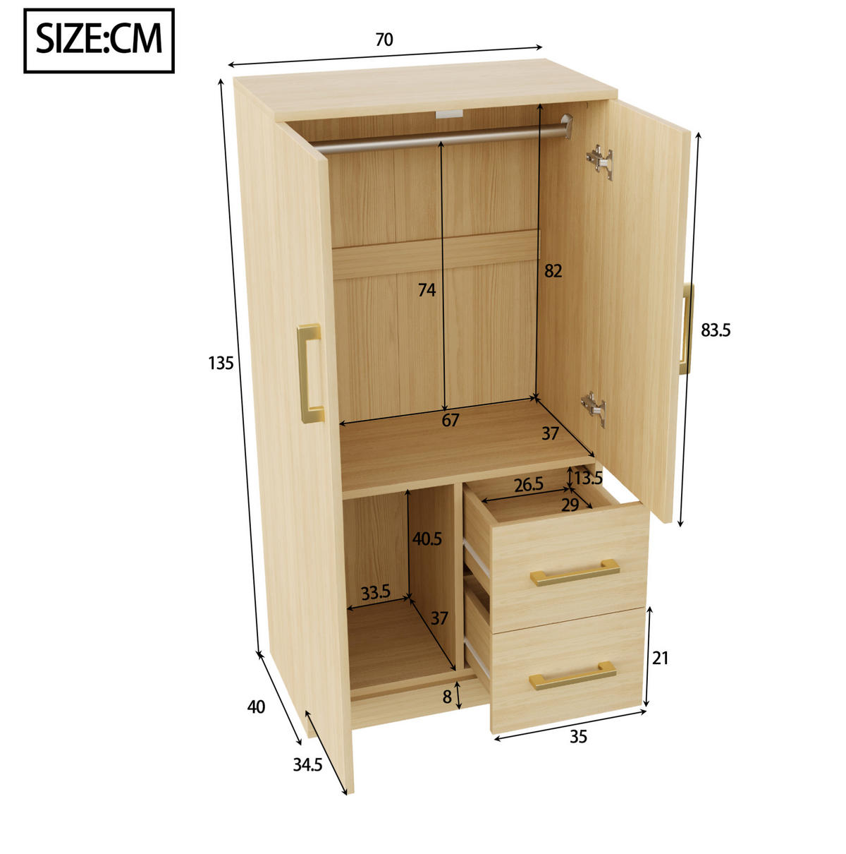 KLEIDERSCHRANK 70/40/135 cm mit 2 Drehtüren und 2 Schubladen in Holzfarbe - Naturfarben, Holz (70/135/40cm) - BEAOK