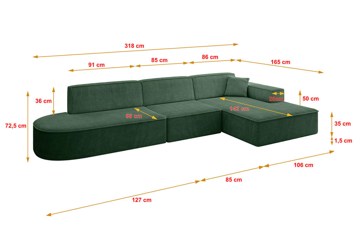 ECKSOFA Ottomane Rechts IREA-L2-v4 - 318x165x72,5 cm Grün - Grün, Holzwerkstoff/Textil (318/165cm) - ALTDECOR
