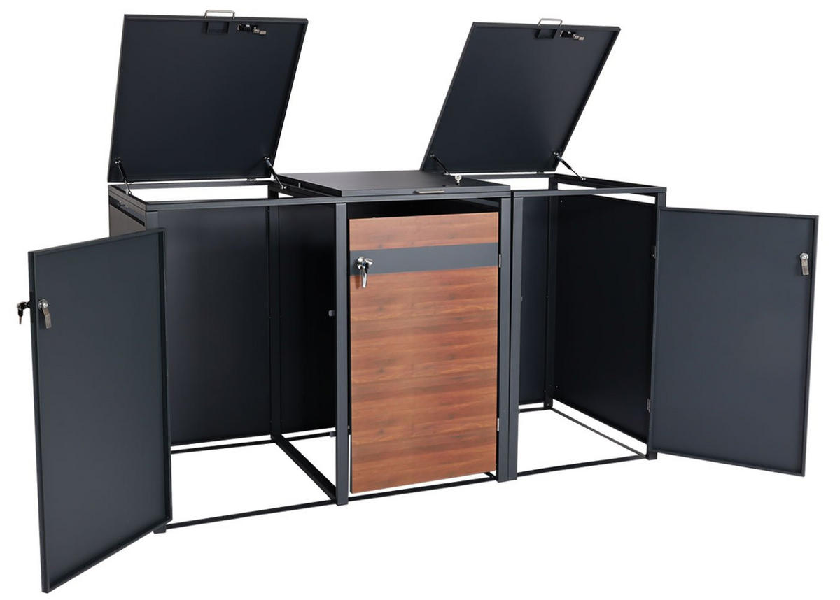 MÜLLTONNENBOX 3er/6er XL 117x217x98cm Anthrazit Kirsche-Holzoptik Dunkelbraun - Kirschbaumfarben, Metall (217/117/98cm) - PROREGAL
