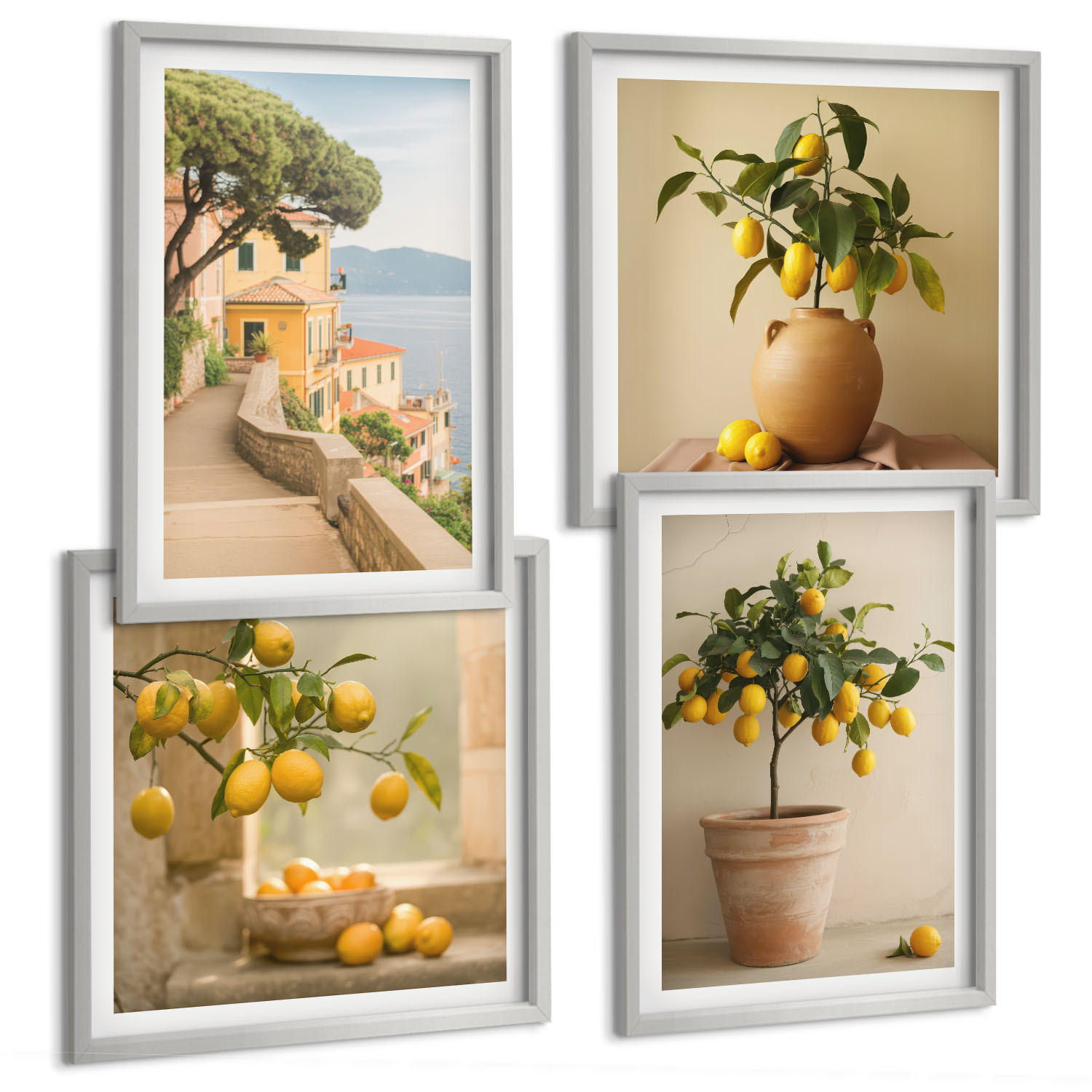 BILDER SET 4er Set - 50x50 cm & 40x60 cm Silberner Rahmen - Zitronenbäume im Topf - Silberfarben, Kunststoff (50/50cm) - TULUP