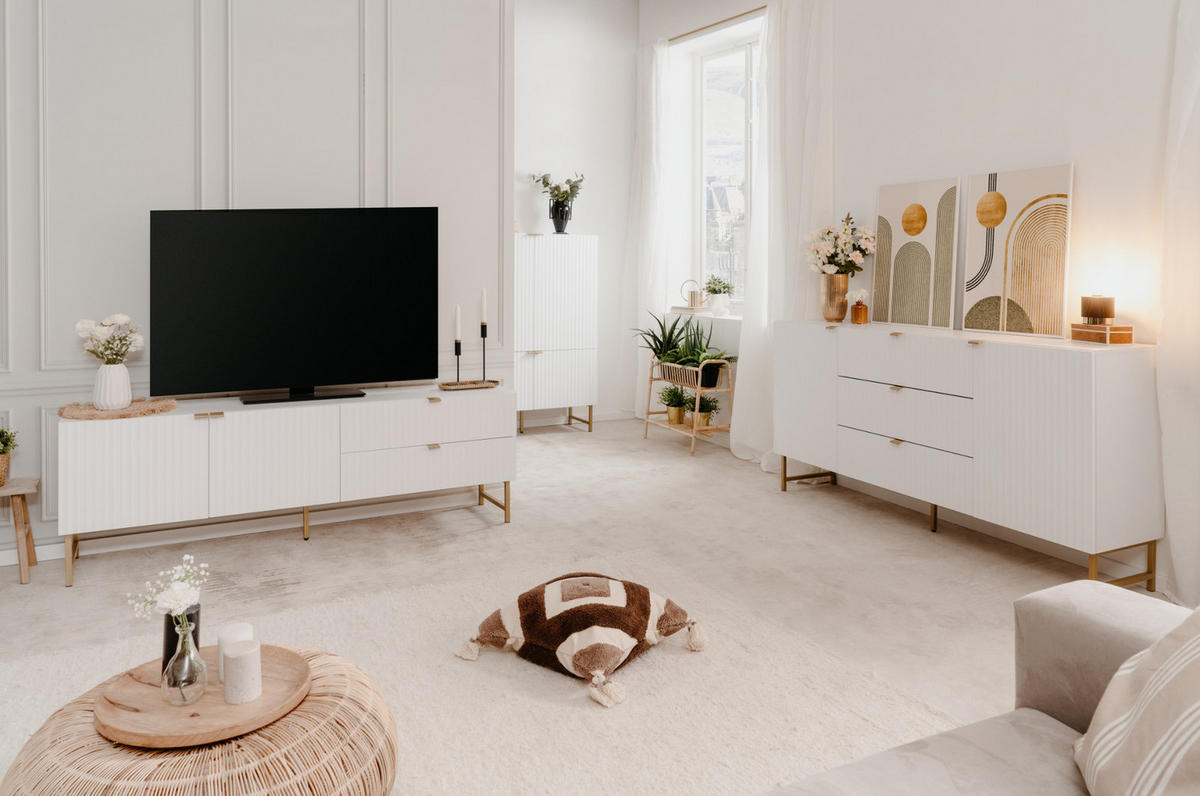 TV-LOWBOARD weiß, Gold 179 cm, TV Unterteil mit Soft-Close und 3D Struktur - Goldfarben/Weiß, Holzwerkstoff/Metall (179/60.5/41cm) - Furn.Design