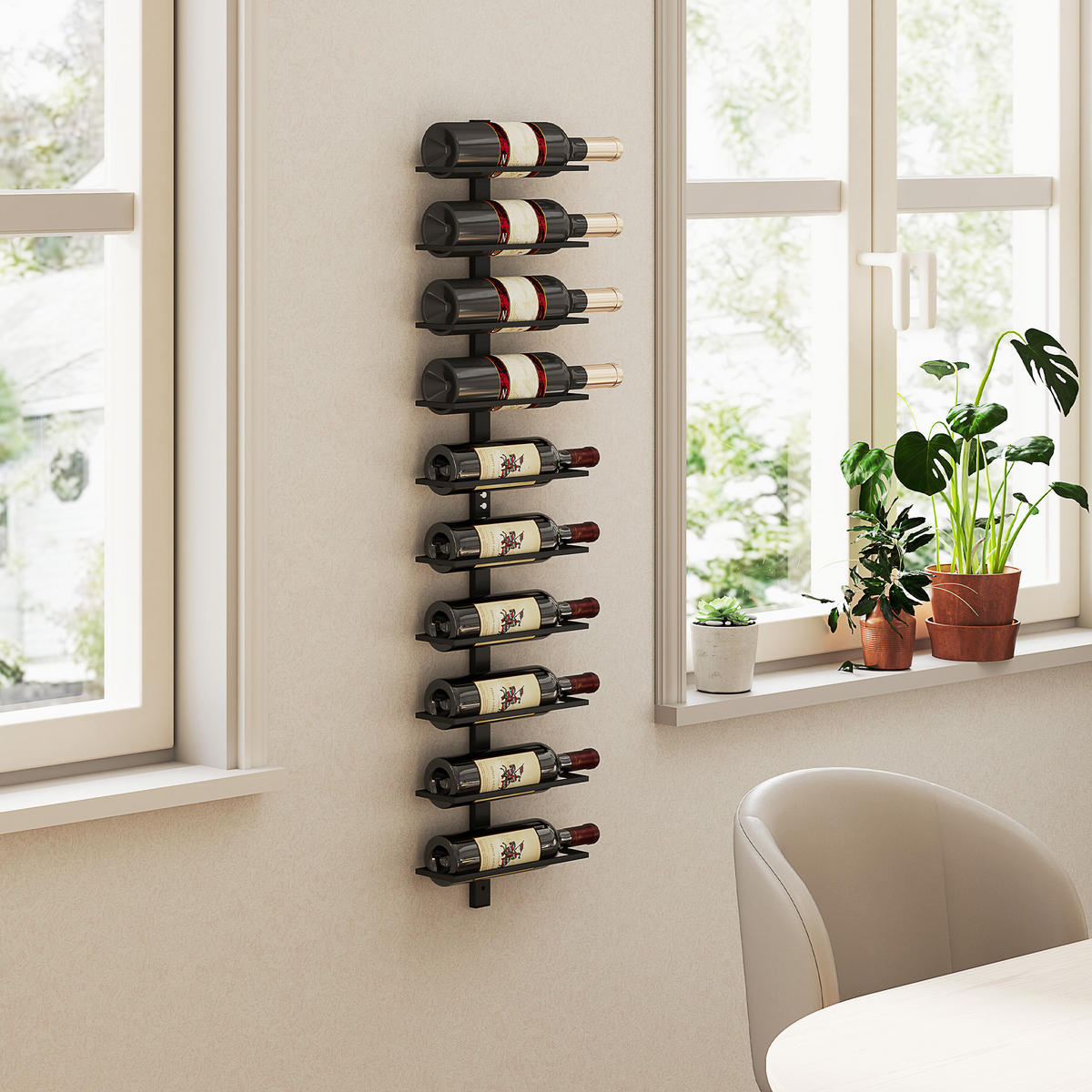 WEINREGAL Flaschenregal zur Wandmontage für 10 Weinflaschen, Stahl Schwarz - Schwarz, Metall (10/116/27cm) - HOMCOM