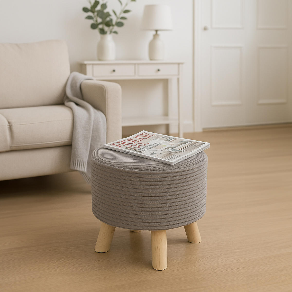 CORD-HOCKER - Hellgrau/Naturfarben, Holz/Textil (30/30/30cm) - Relaxdays
