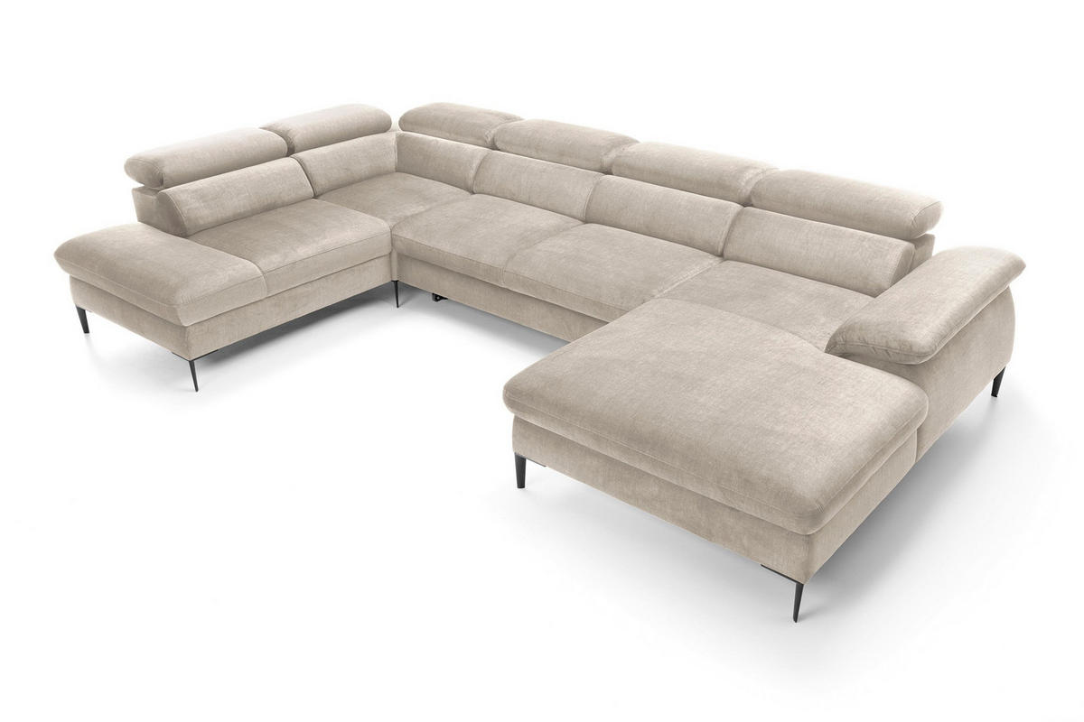 WOHNLANDSCHAFT MESTO Creme Velours-Stoff mit Schlaffunktion - Creme, Holz (353/94/182cm) - MASSENO