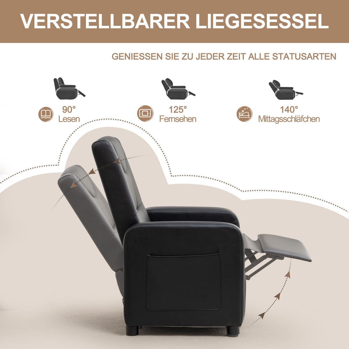 RELAXSESSEL PU mit verstellbarer Rückenlehne, klappbarer Fußstütze 76,5/67,5/95,5 cm Schwarz - Schwarz, Kunststoff (67.5/95.5/76.5cm) - Redom