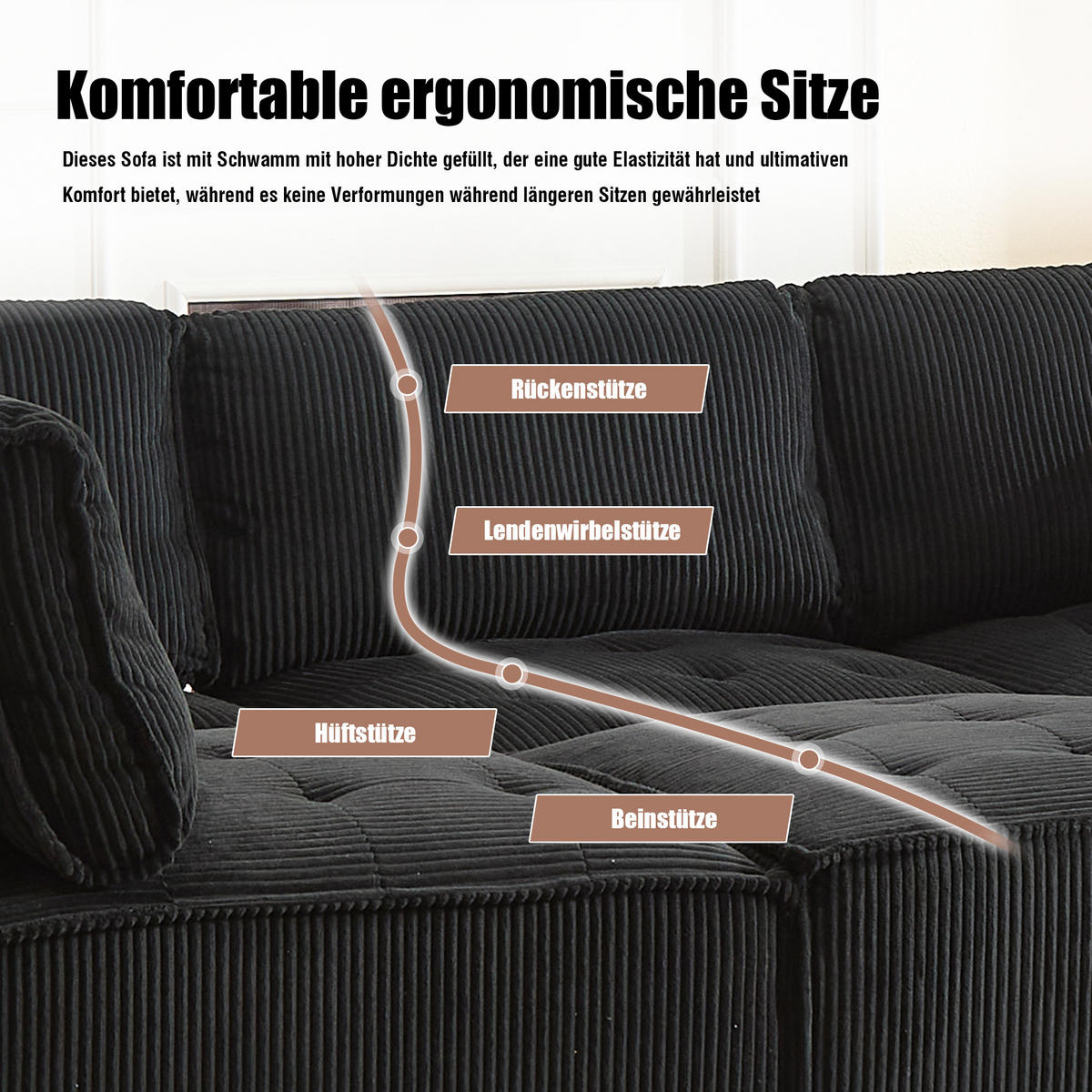 WOHNLANDSCHAFT Cord mit Seitentaschen 308/154/82 cm Schwarz - Schwarz, Kunststoff/Textil (154/82/308cm) - Redom