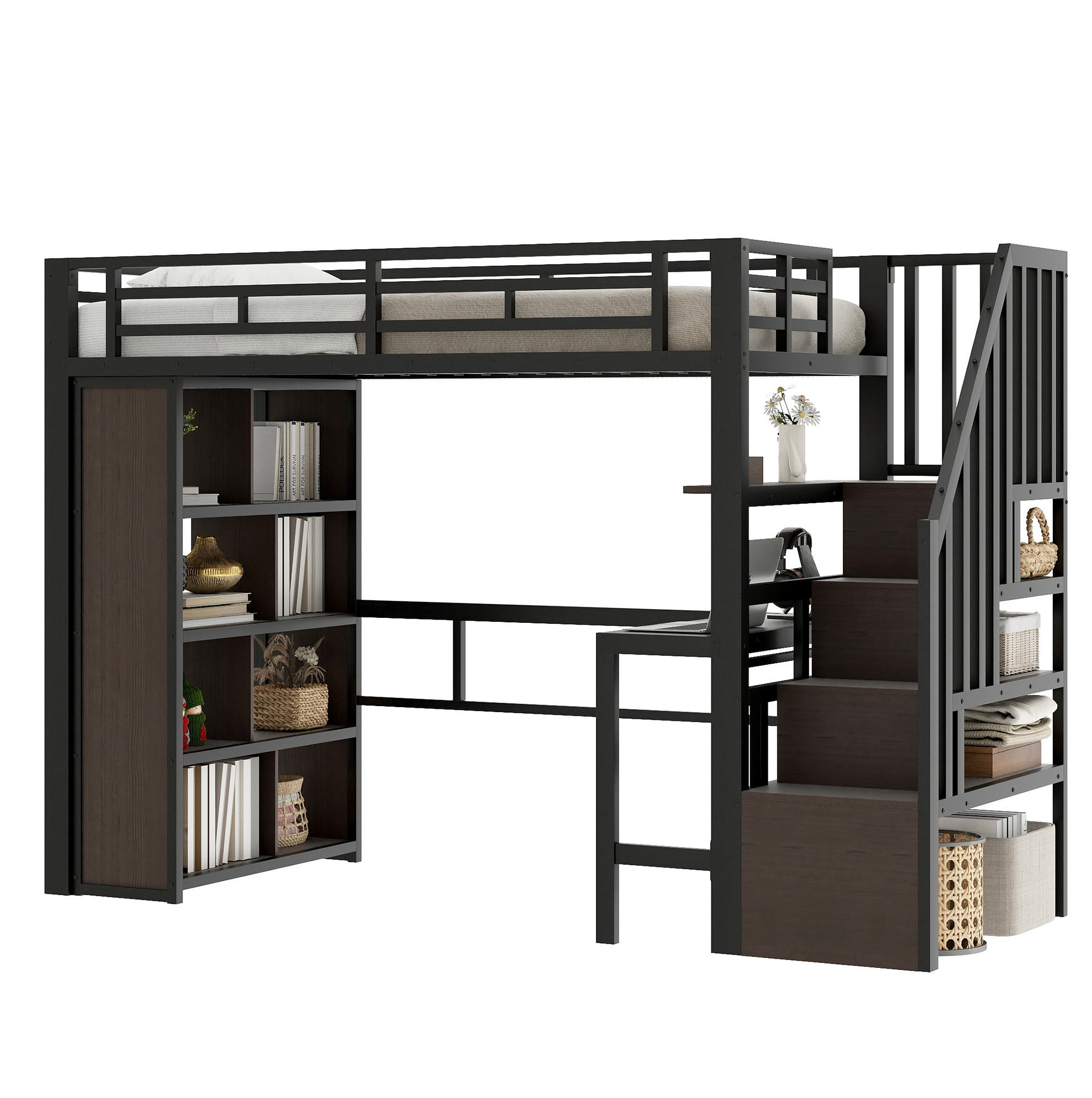 HOCHBETT 90/200 cm in Schwarz – mit Schreibtisch, Stauraumtreppe und LED - Schwarz, Metall (90/200cm) - BEAOK