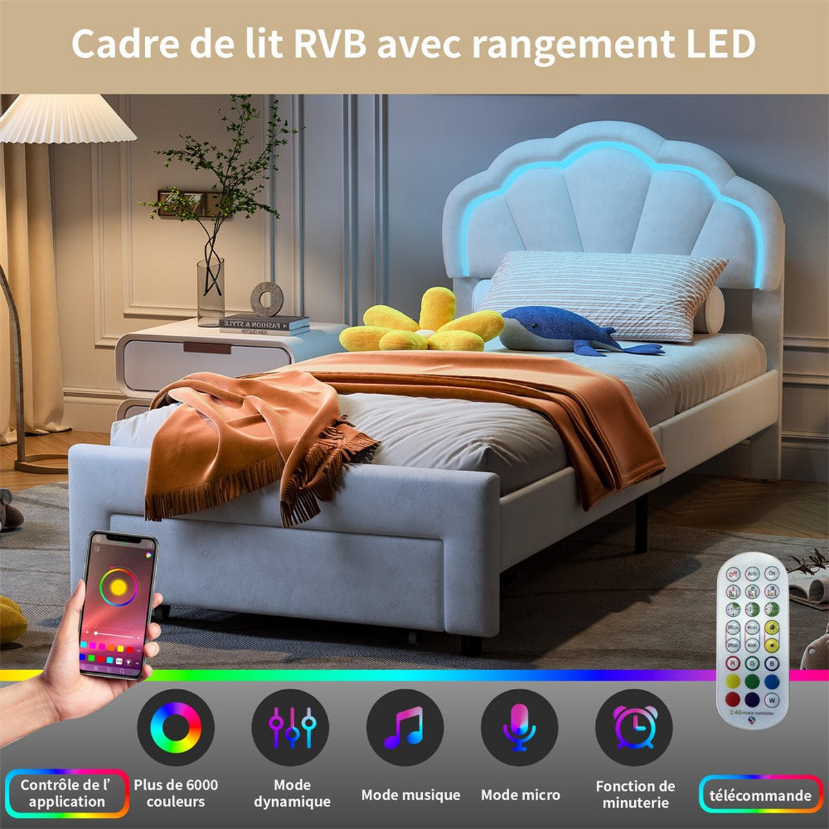 KINDERBETT 90x200 cm mit LED-Beleuchtung und Schublade am Fußende - ohne Matratze - Weiß - Weiß, Textil (90/200cm) - DELFA