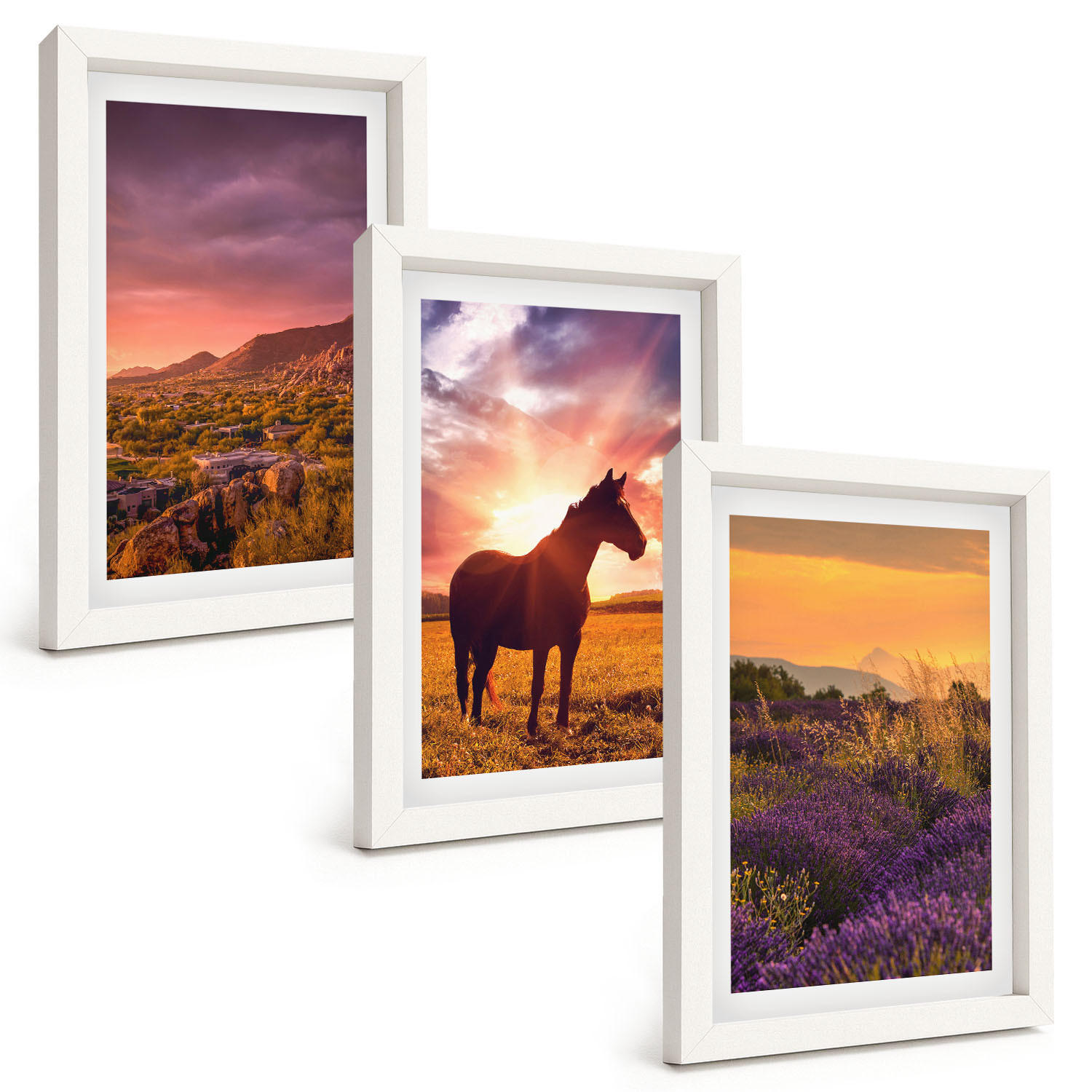 BILDER SET 3er Set - 20x30 cm Weißer Rahmen - Berglandschaft mit einem Pferd - Weiß, Kunststoff (20/30cm) - TULUP