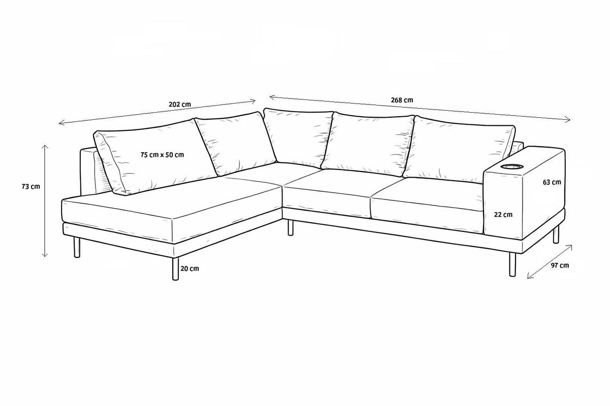 GARTEN-ECKSOFA VOLARO S Wetterfest 270x200x50 cm, Links, Outdoor-Stoff, Getränkehalter aus Metall, 20 cm hohe Füße, Beige - Beige, Holz/Metall (200/50/270cm) - Trada
