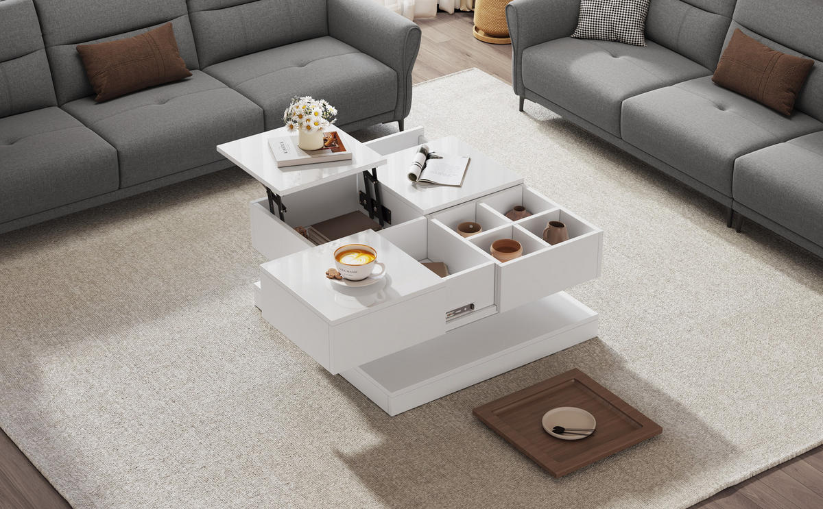COUCHTISCH mit Hebefunktion und 2 Schubladen Hochglanz-Effekt - Weiß, Holzwerkstoff/Metall (75.5/75.5/38cm) - Urban Meuble