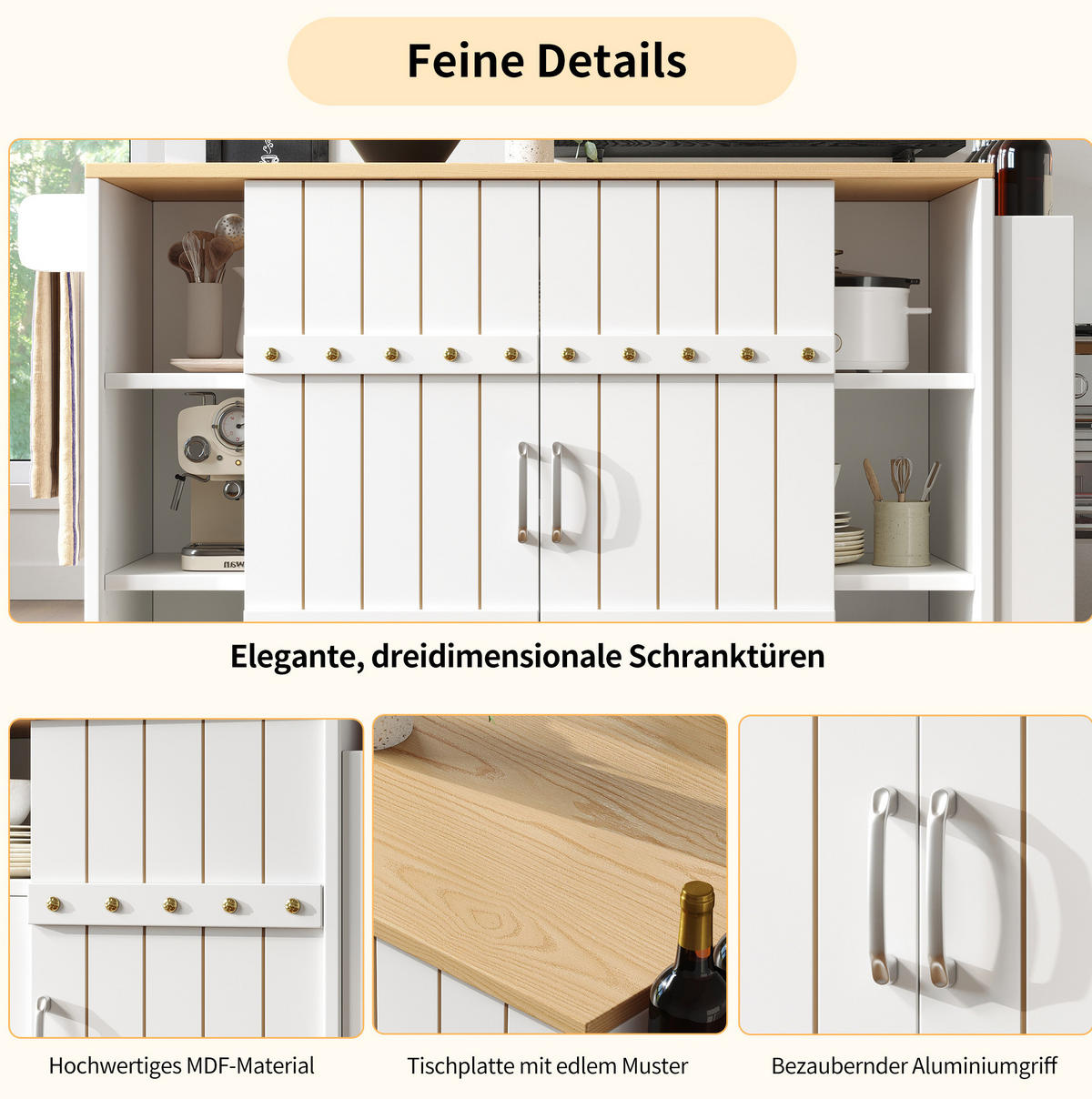 KÜCHENWAGEN 110x42x90cm Weiß mit 3 Schubladen,Schiebetüren & 4 Rollen - Weiß, Holzwerkstoff (110/90/42cm) - Modfu