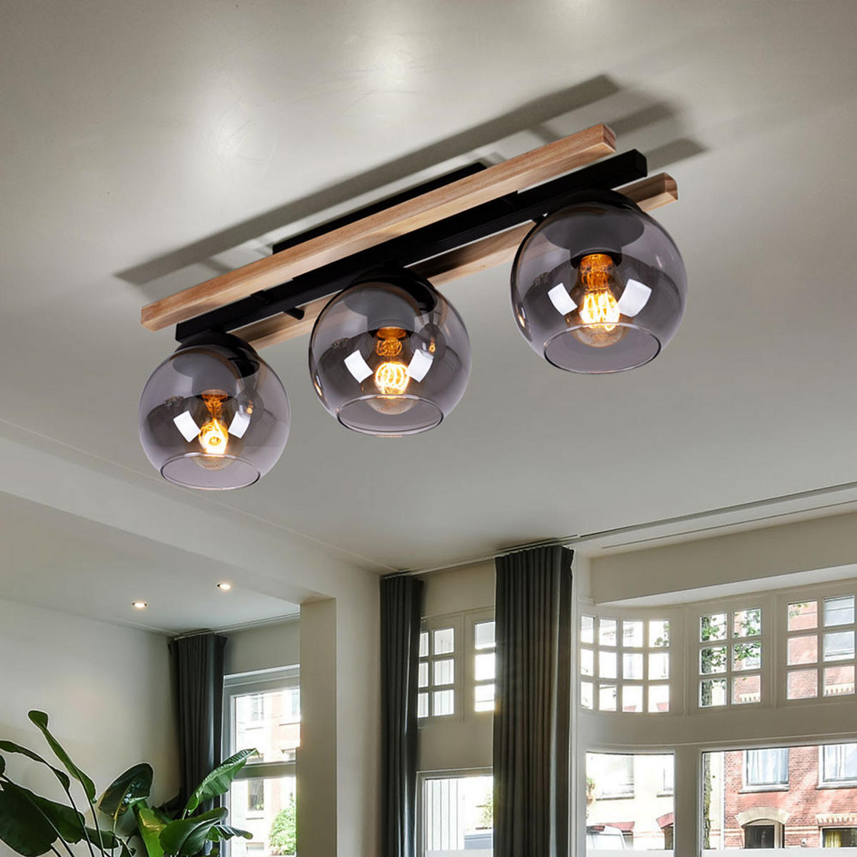 LED DECKENLEUCHTE Conni Braun Holz Glas Rauch - Braun, Glas (60/15/20.5cm) - Globo Lighting