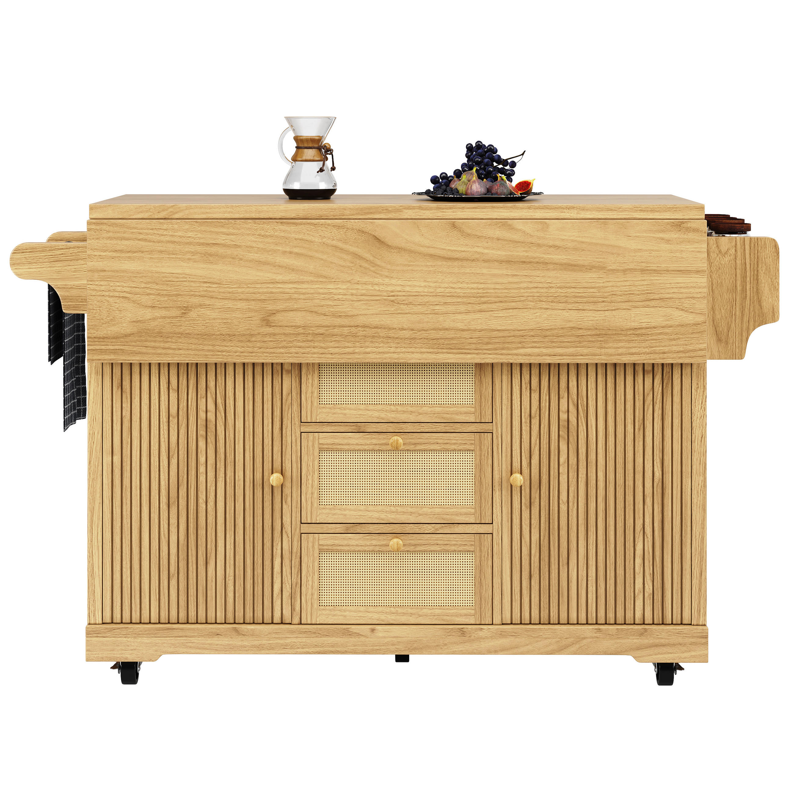 KÜCHENINSEL Ausklappbar PE Rattan Naturbraun - Naturfarben, Holzwerkstoff (142.5/95/80cm) - FLIEKS