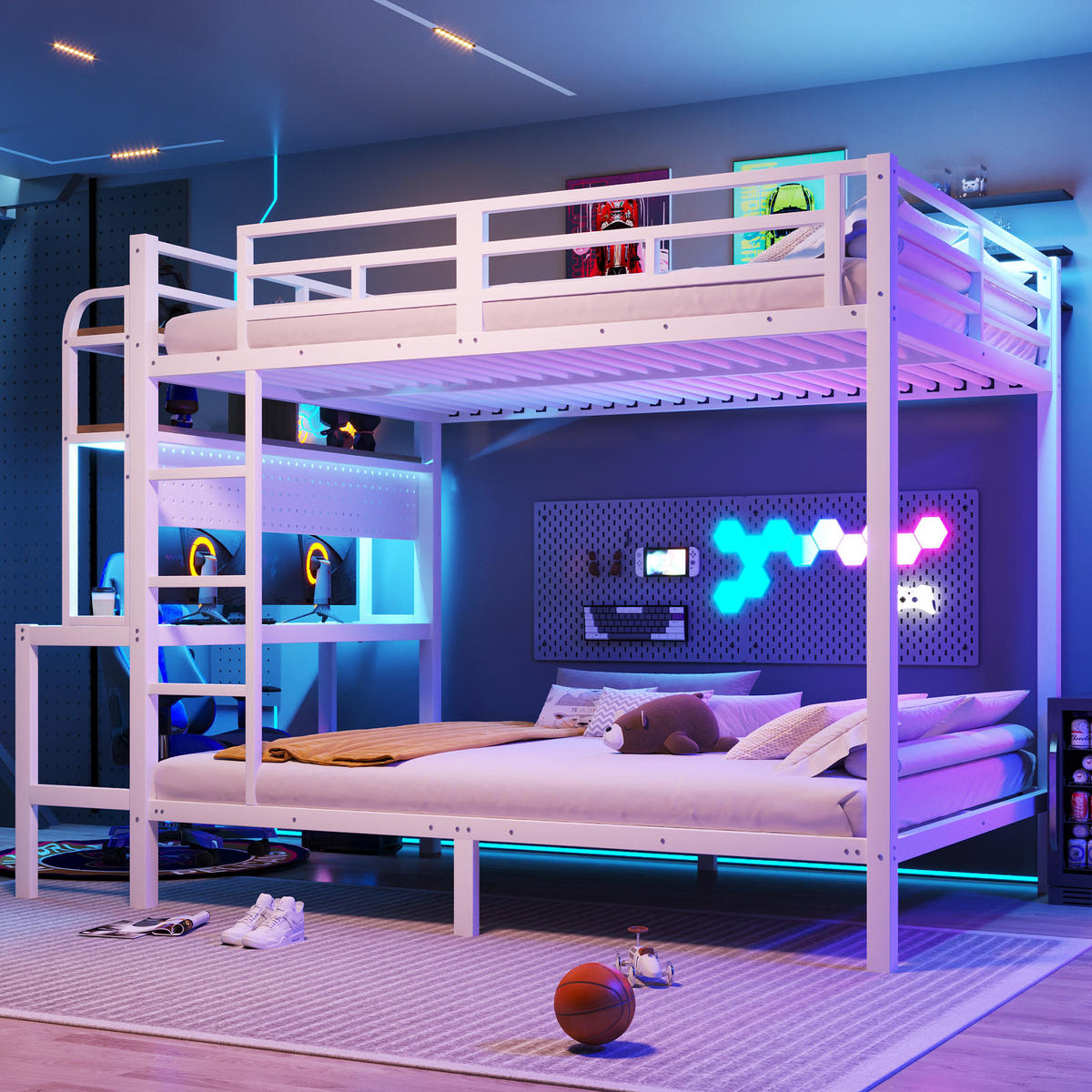ETAGENBETT aus Metall und MDF 140x200 cm Weiß mit Schreibtisch, Ablagefächern, LED-Lichtleiste und USB - Weiß, Metall (140/200cm) - Modfu