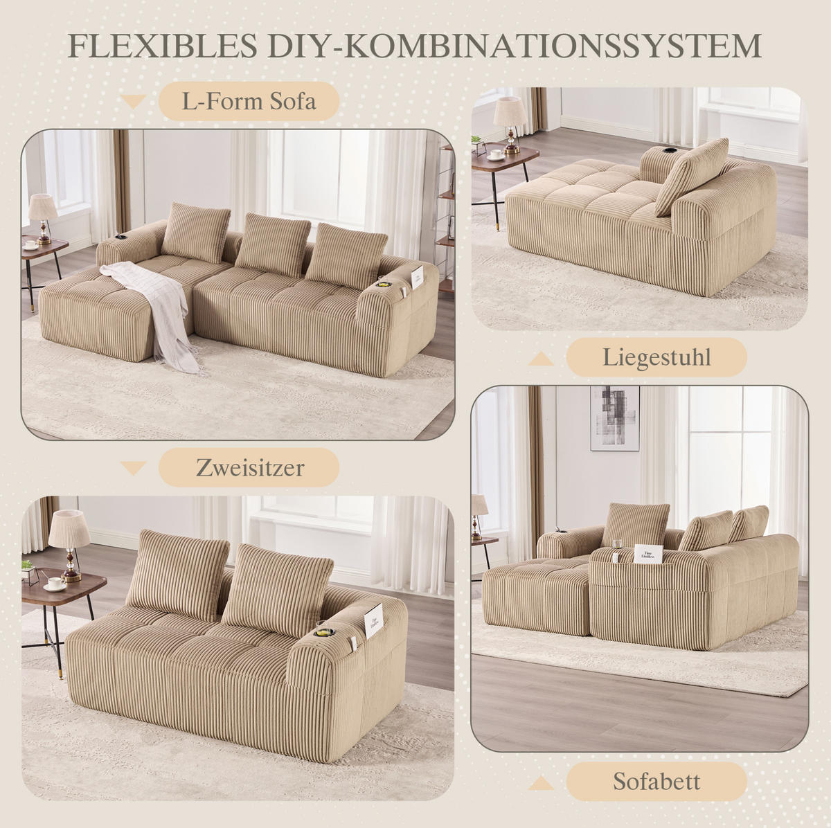 MODULÁRNÍ pohovka z manšestru 253x158x61 cm khaki s bočními kapsami, držáky na nápoje a 3 polštáři - béžová, textil (158/253cm) - Modfu