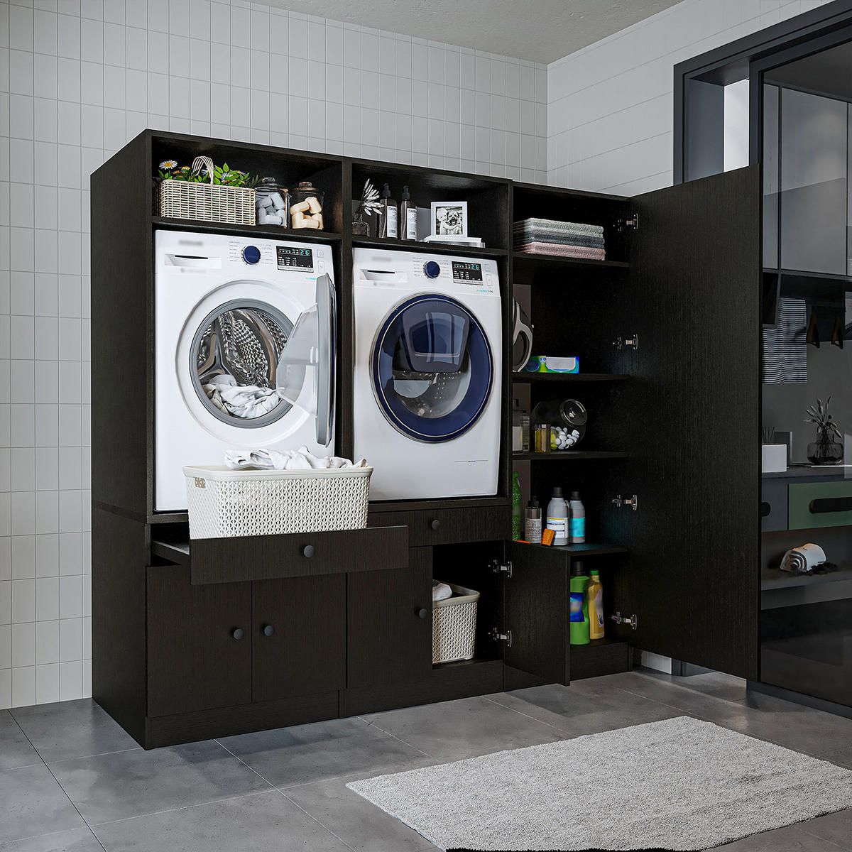 WASCHMASCHINENSCHRANK Serie 1 194cm Breit, 184cm Hoch - Schwarz, Holzwerkstoff (194/184/67cm)