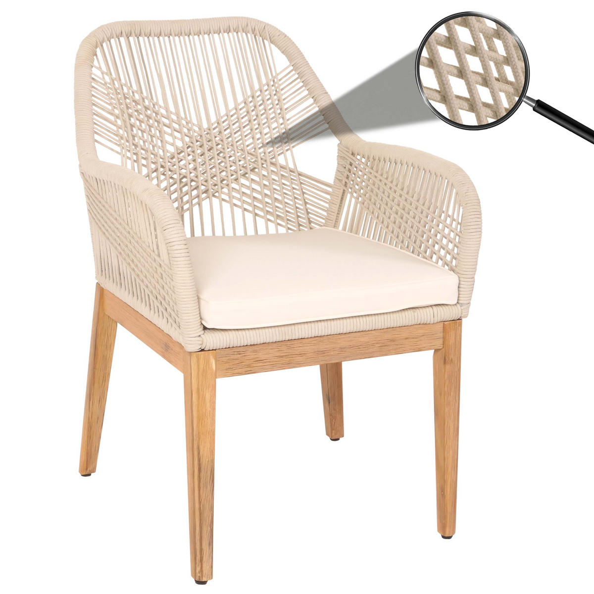 GARTENSTUHL HxBxT 85x58x59cm Sitzhöhe 47cm wetterfest Seilgeflecht Rope Holz Akazie Beige Kissen Creme-Weiß - Beige, Holz (58/85/59cm) - PROREGAL