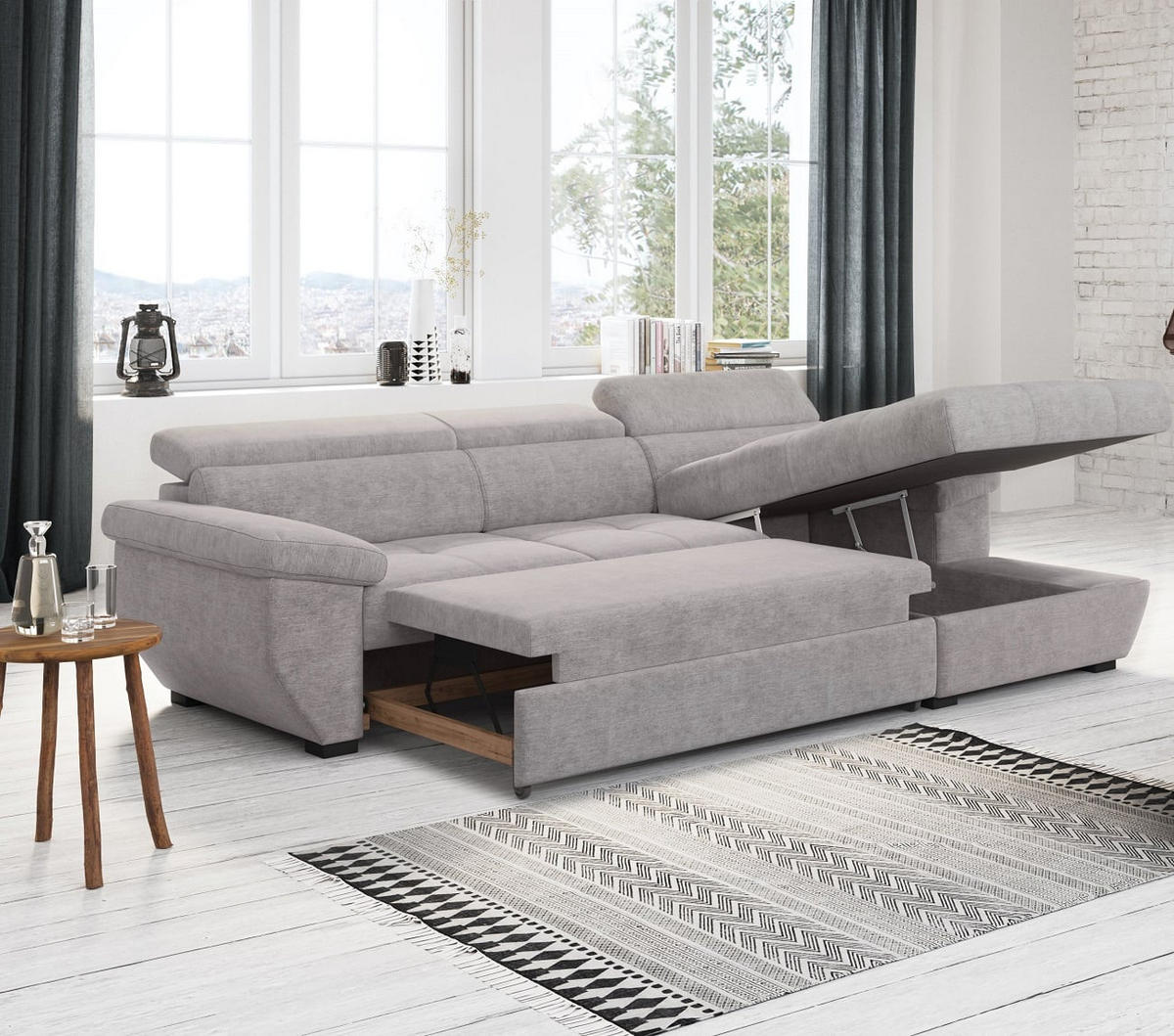 ECKSOFA mit Schlaffunktion und Bettkasten, verstellbare Kopflehnen - Schwarz/Grau, Kunststoff/Textil (170/267cm) - Cotta