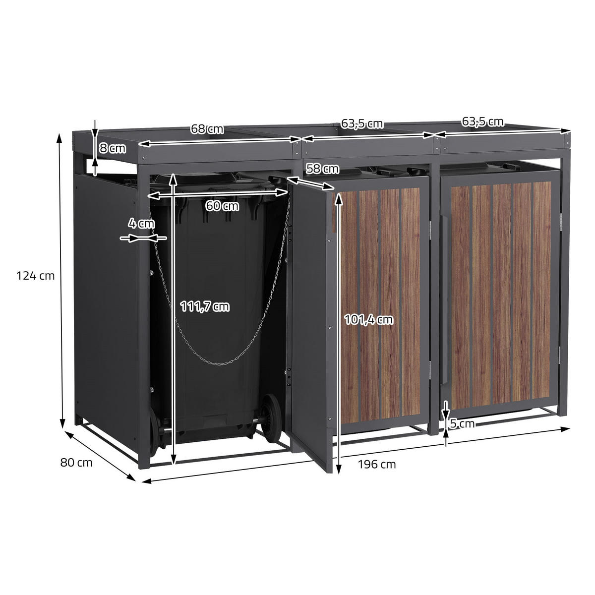 MÜLLTONNENBOX 3er mit Pflanzdach 240L Anthrazit-Holzoptik aus Stahl - Dunkelbraun, Metall (80/124/196cm) - ML-DESIGN