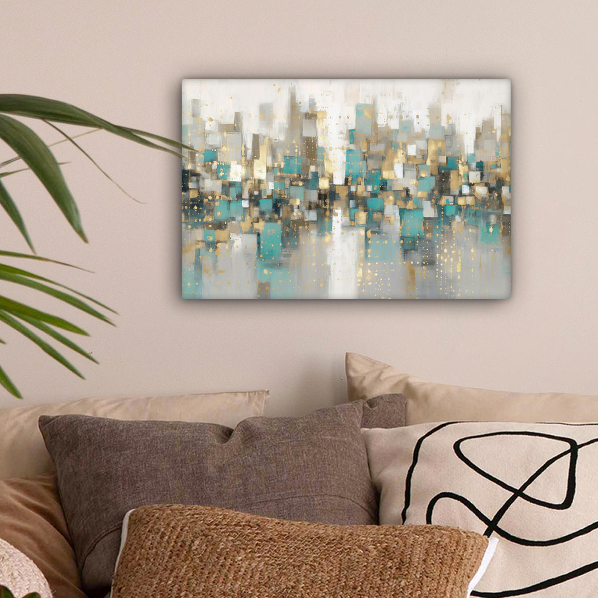 LEINWANDBILD Abstrakt - Blöcke - Gold - Skyline Deko Schlafzimmer 30x20 cm - Beige, Textil (30/20cm) - MuchoWow