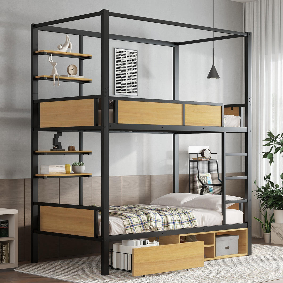 ETAGENBETT 90/200 cm aus Metall und MDF mit Ablageboards und Stauraum Schwarz/Natur - Schwarz, Holzwerkstoff (90/200cm) - Modenvie