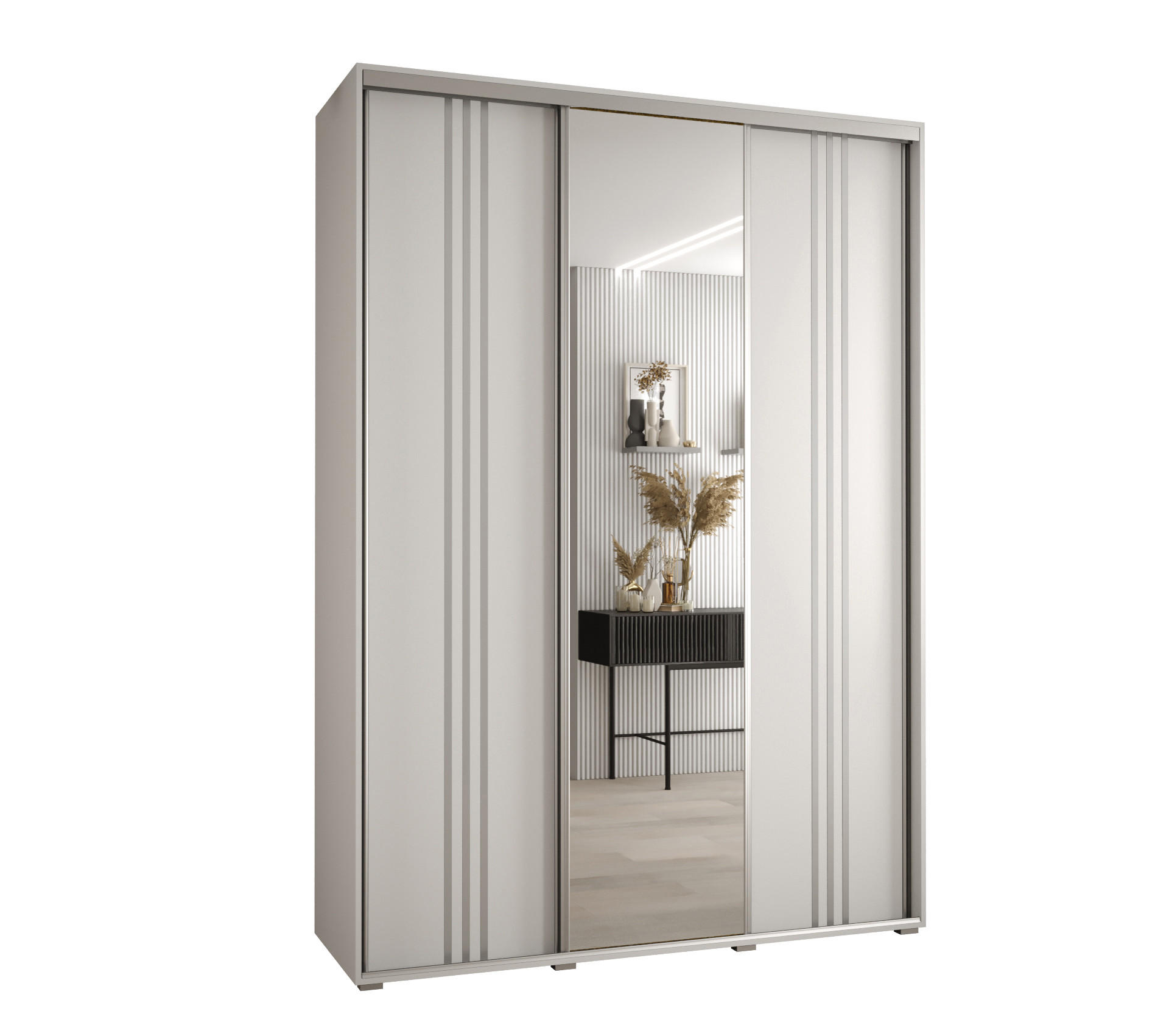 Abiks Möbel Schwebetürenschrank Weiß, Weiß, Silber 180x235x45 cm