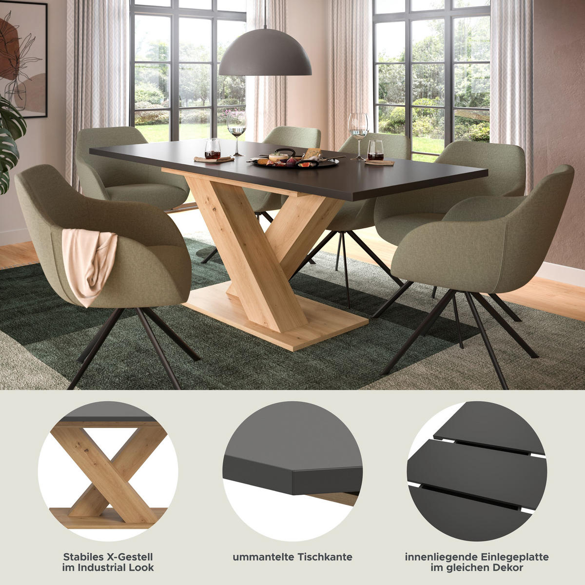 ESSTISCH MOTION (B/H/T: ca. 150/76/90 cm) in Artisan Oak Nachbildung/grau - Eiche Artisan, Holzwerkstoff (90/150/76cm)