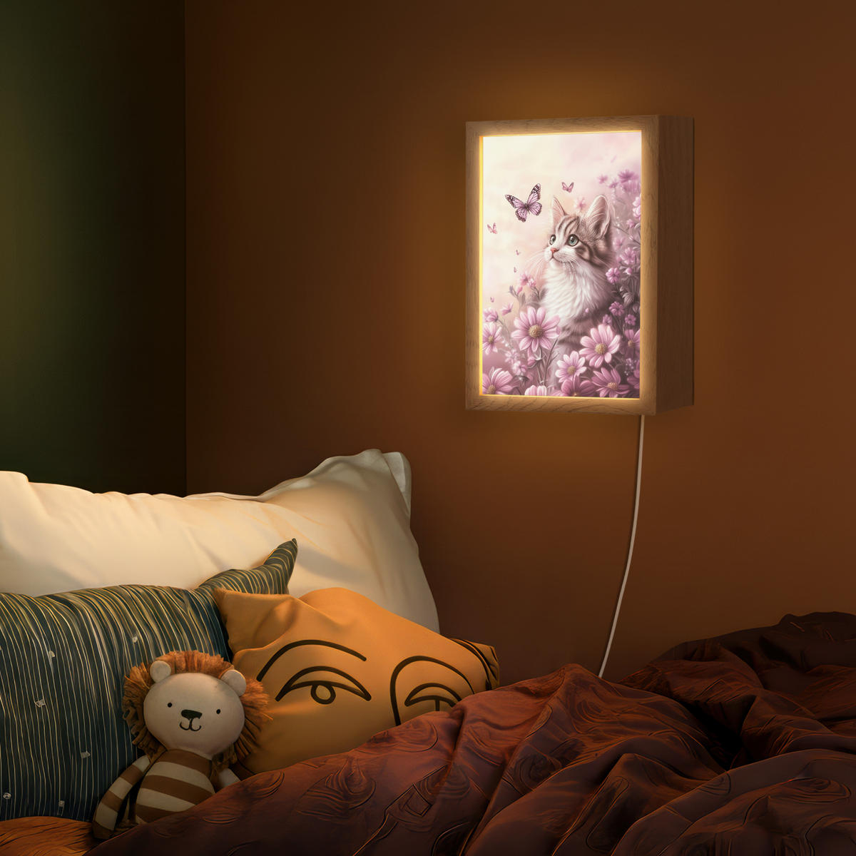 NÁSTĚNNÁ LAMPA Koťátko - Květiny - Motýli - Fialová 20x30 cm - starorůžová, kompozitní dřevo (20/30/8cm) - OnlyWow