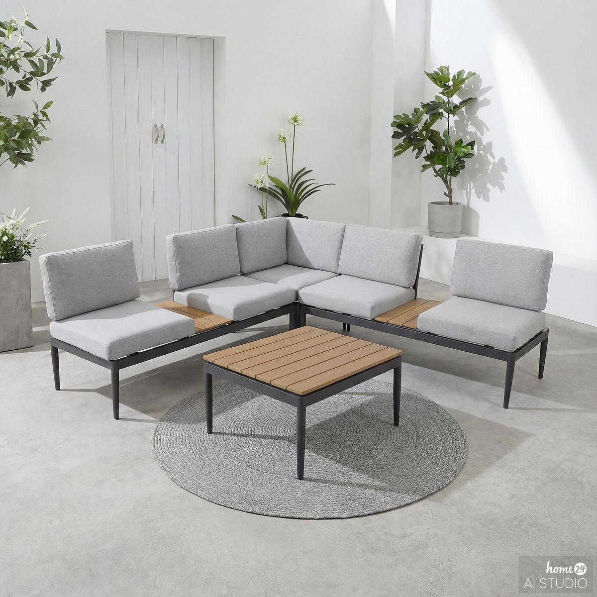 LOUNGEGRUPPE - 4-teilig - Stahl / Webstoff - Anthrazit / Grau - Grau, Kunststoff/Textil - home24