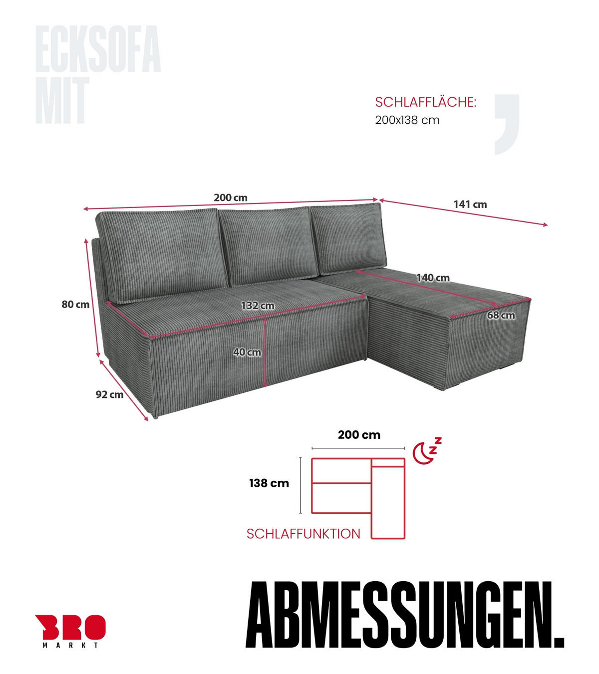 ECKSOFA Hector mit Schlaffunktion Grau Cord - Grau, Textil (200/141cm) - Bromarkt