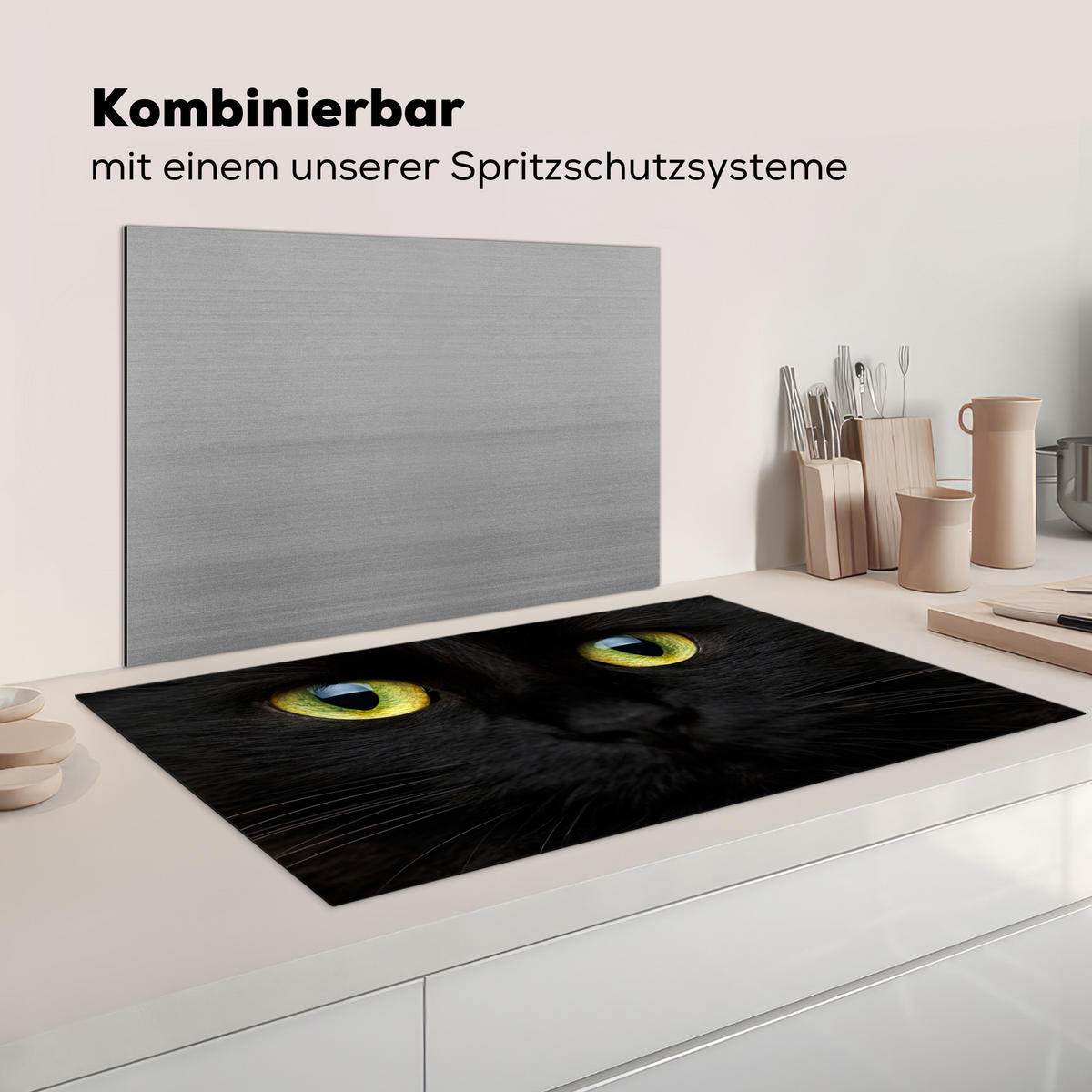 HERDABDECKPLATTE Katze - Augen - Gelb - Schwarz Induktionsschutz 91.6x52.7 cm - Schwarz, Kunststoff (91.6/52.7/0.2cm) - MuchoWow