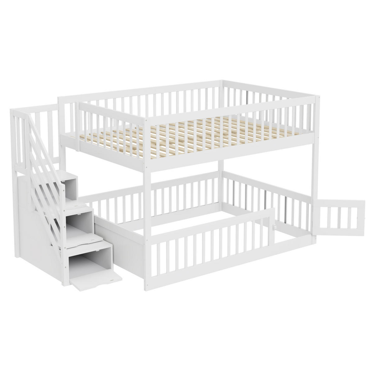 ETAGENBETT 140/200 cm in Weiß aus Massivholz mit Stauraumtreppe - Weiß, Holz (140/200cm) - OKMYHOME