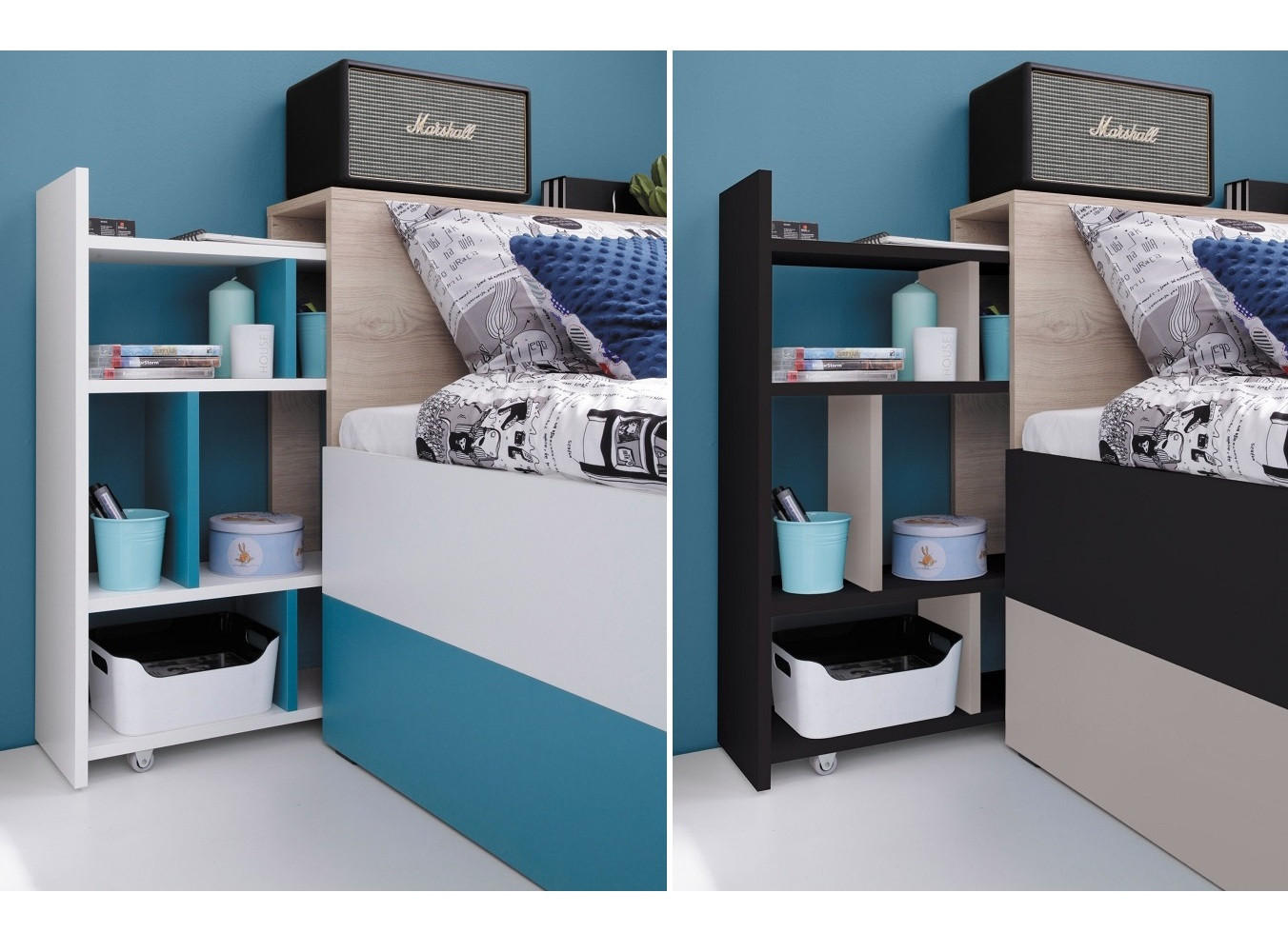 JUGENDZIMMER Space Set A mit Bett 90 x 200 - Schwarz-Eiche-Beige - Eichefarben/Beige, Holzwerkstoff (90/190/90cm) - QMM TraumMöbel