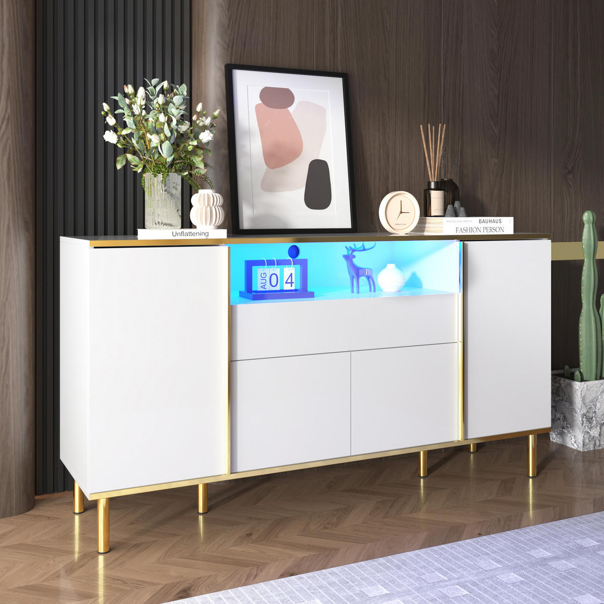 SIDEBOARD aus MDF und Spanplatte 150x40x80 cm Weiß Hochglanz mit LED-Beleuchtung und Stauraum - Weiß, Holzwerkstoff (150/80/40cm) - IVMEU