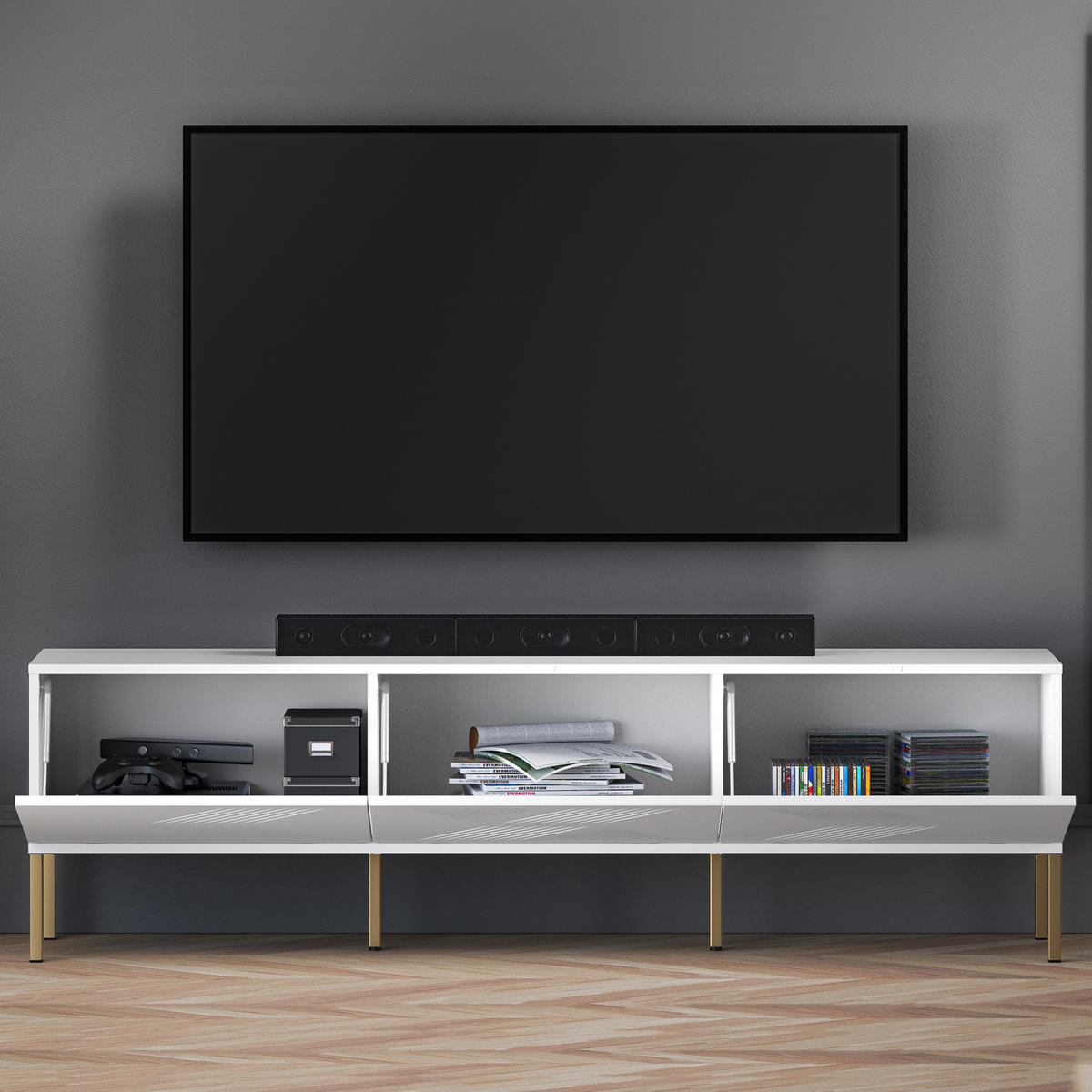 TV-MÖBEL NEBRO,Weiß - Goldfarben/Weiß, Holzwerkstoff (170/50/37cm) - KONSIMO®