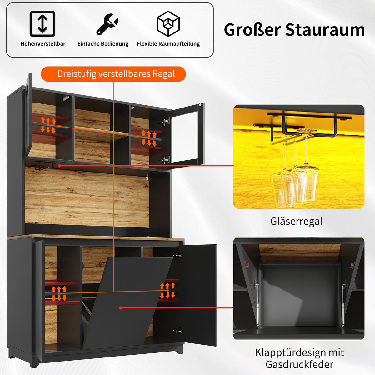 BUFFET 120/40/180 cm schwarz aus MDF mit LED - Schwarz, Holzwerkstoff (120/180/40cm) - OKWISH