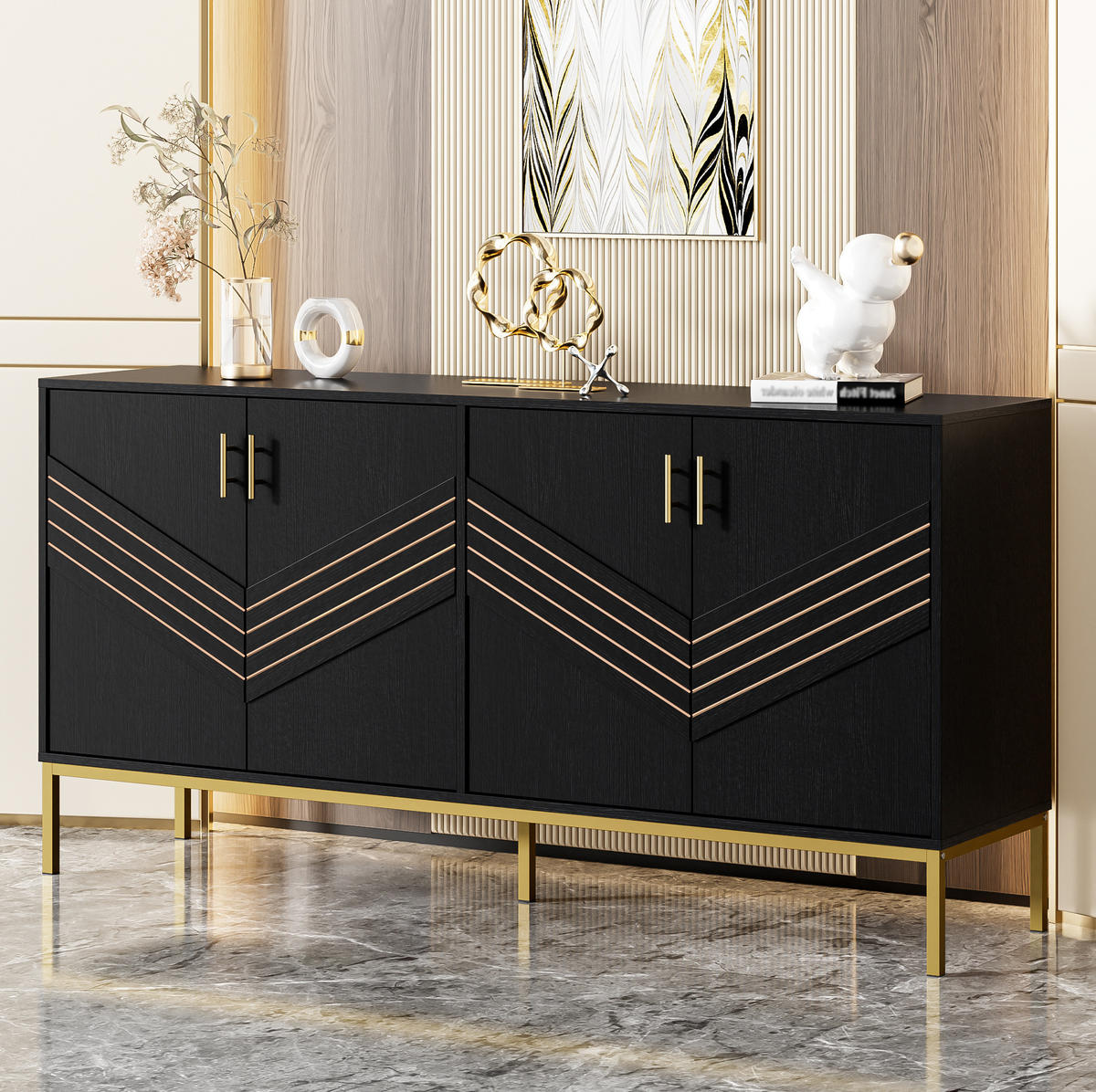 SIDEBOARD 160/40/80,5 cm in Schwarz mit 4 Türen und verstellbaren Einlegeböden - Schwarz, Holzwerkstoff (160/80.5/40cm) - Flora Grace