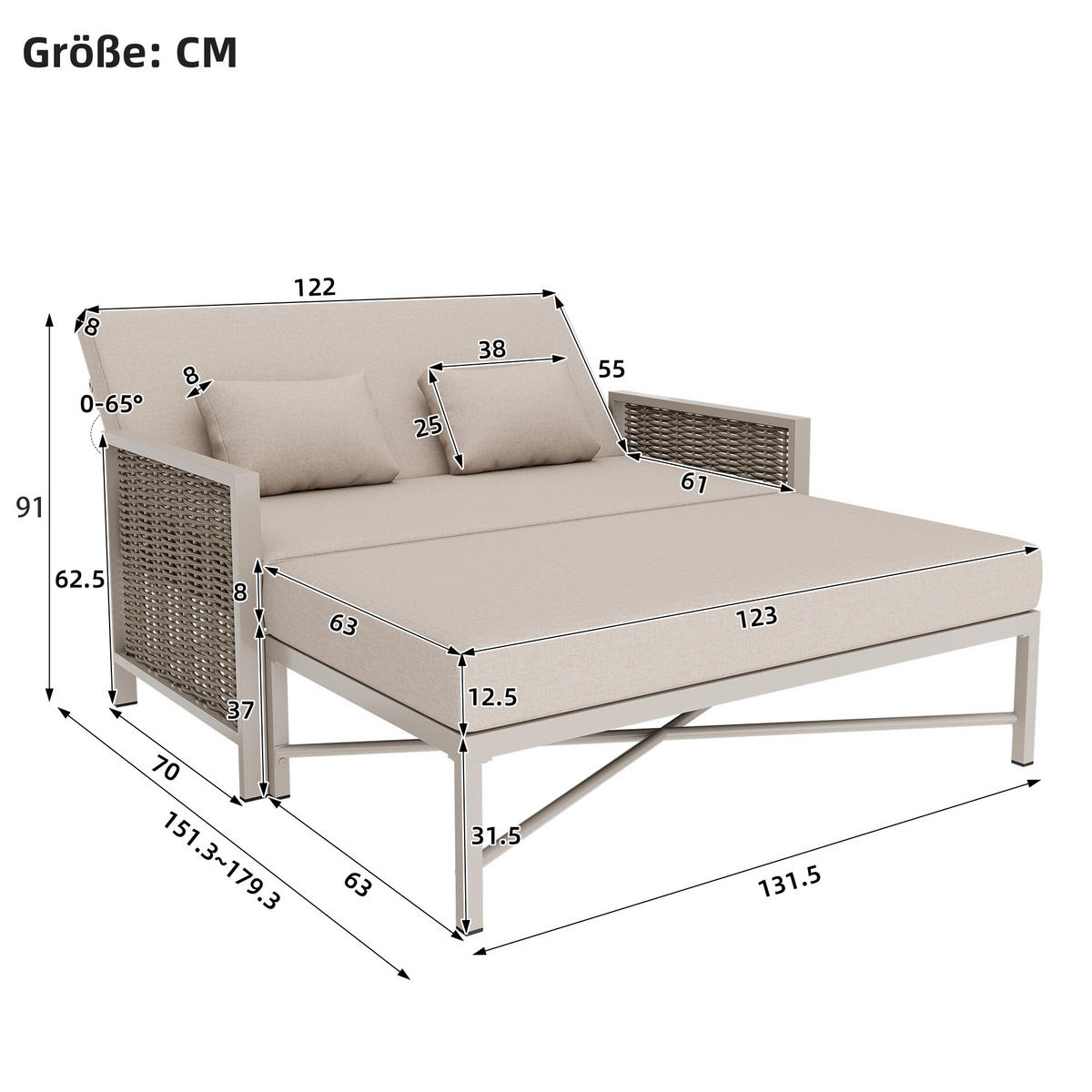 GARTENMÖBEL, 2-Personen Outdoor-Liegebett, Rückenlehne 0-65°, Khaki/Beige - Hellbraun, Textil (131.5/91/151.3cm) - FLIEKS