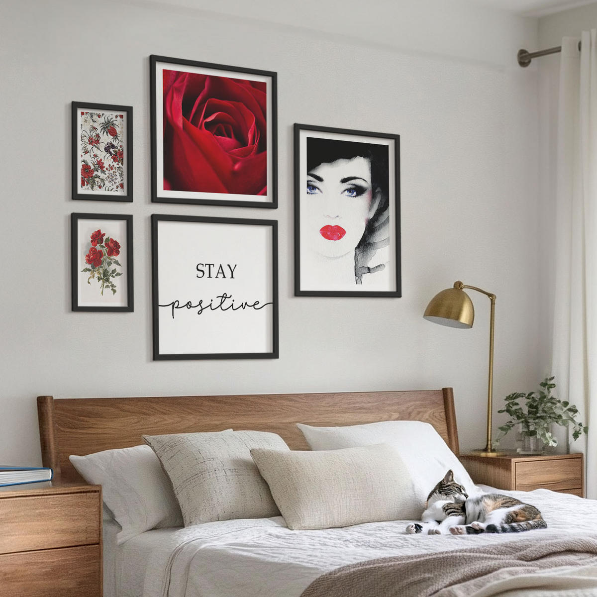BILDER SET 5er Set - 50x50 cm & 20x30 cm & 40x60 cm Schwarzer Rahmen - Inschrift mit roten Rosen - Schwarz, Kunststoff (40/60cm) - TULUP