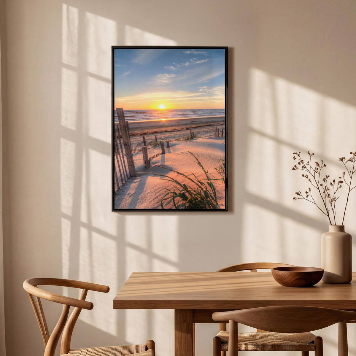 LEINWAND Bilder mit Rahmen - Strand - Meer - Düne - Sonnenuntergang - Landschaft - 60x90 - Beige, Textil (60/90cm) - MuchoWow