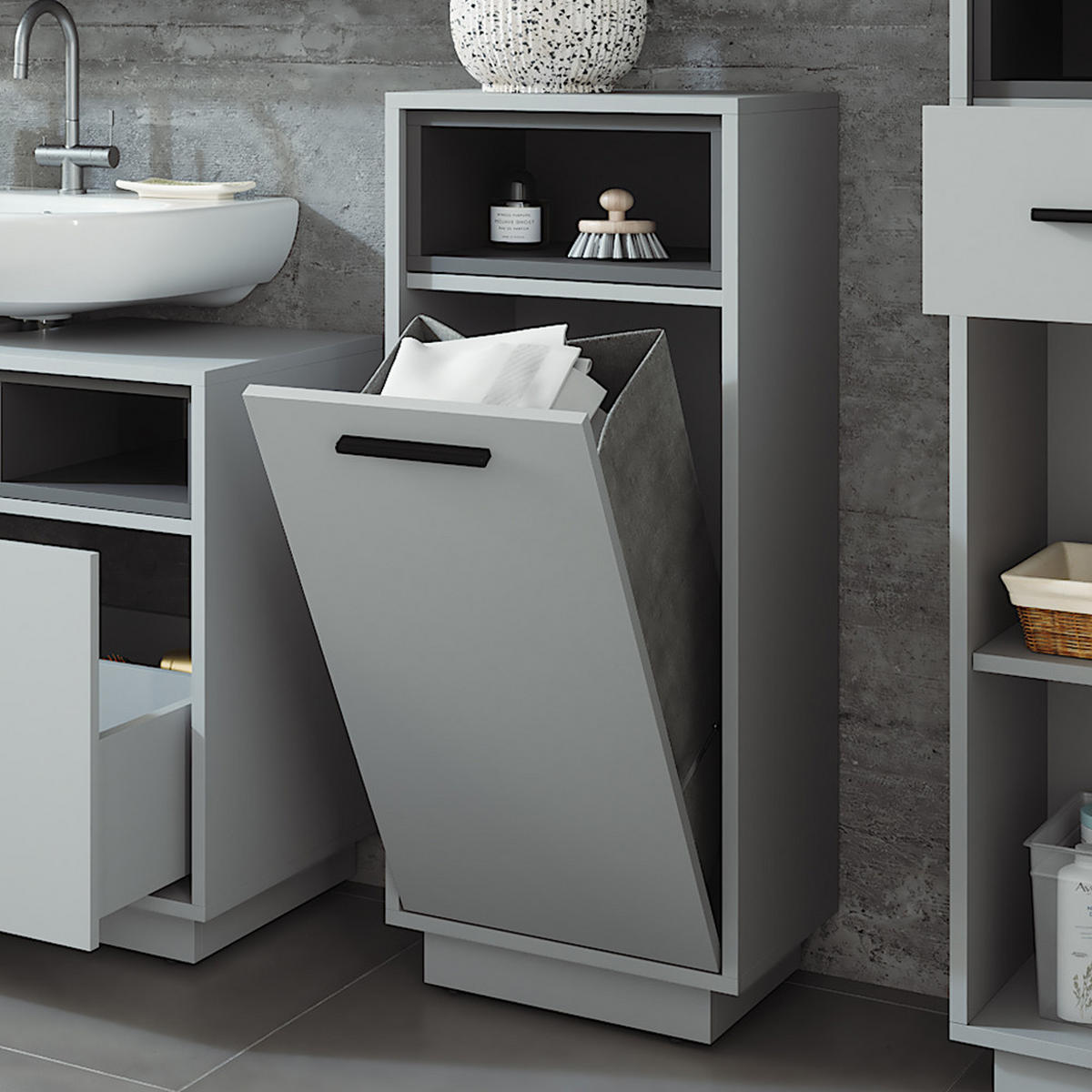 WÄSCHESCHRANK Beatrice Grau/Anthrazit 38 x 93 cm mit herausnehmbarer Innentasche - Anthrazit/Grau, Holzwerkstoff (38/93/30cm) - Vicco