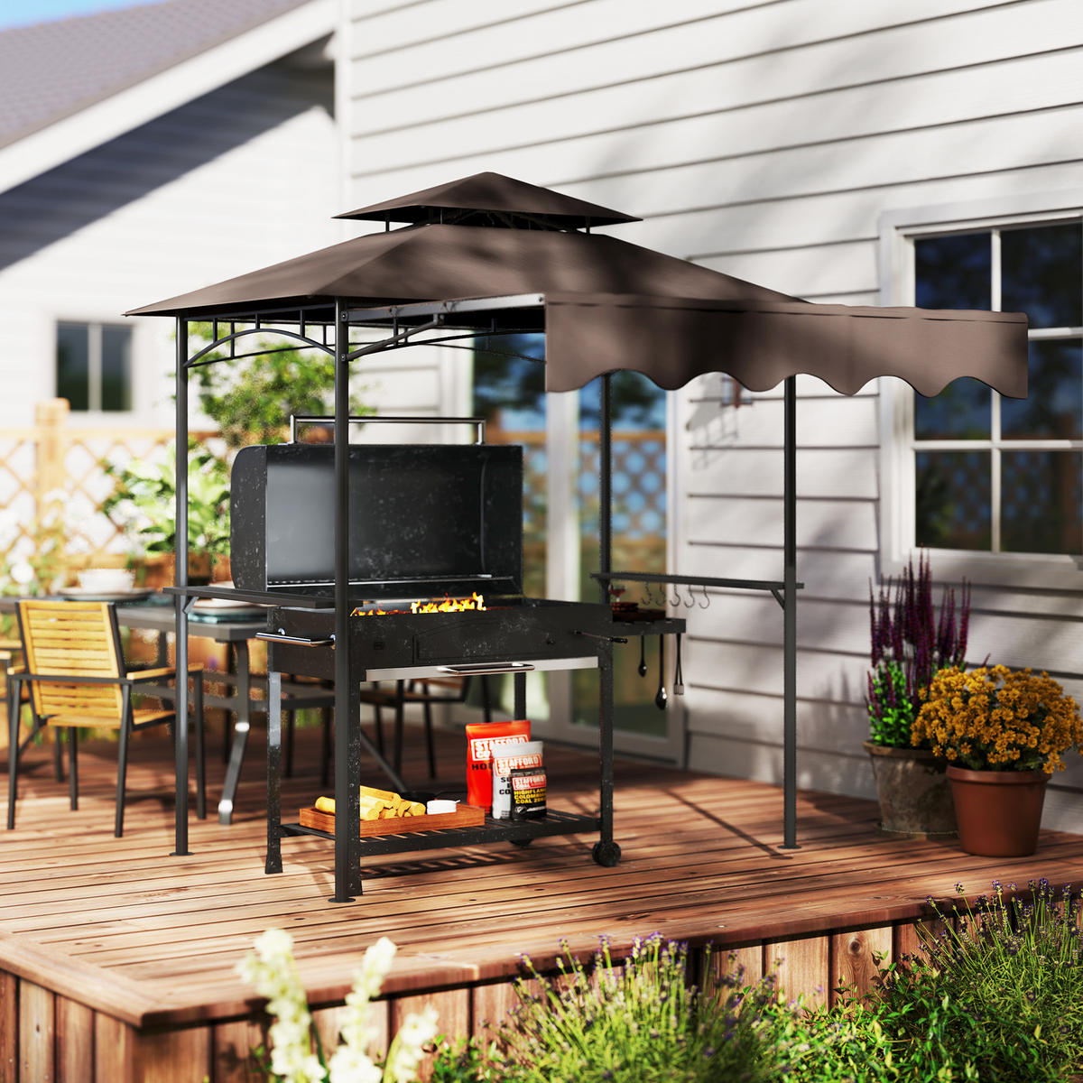 GRILLPAVILLON 242x232x248 cm wasserabweisend flammhemmend Gartenpavillon mit Doppelschichtdach Kaffee - Cappuccino, Metall (242/248/232cm)