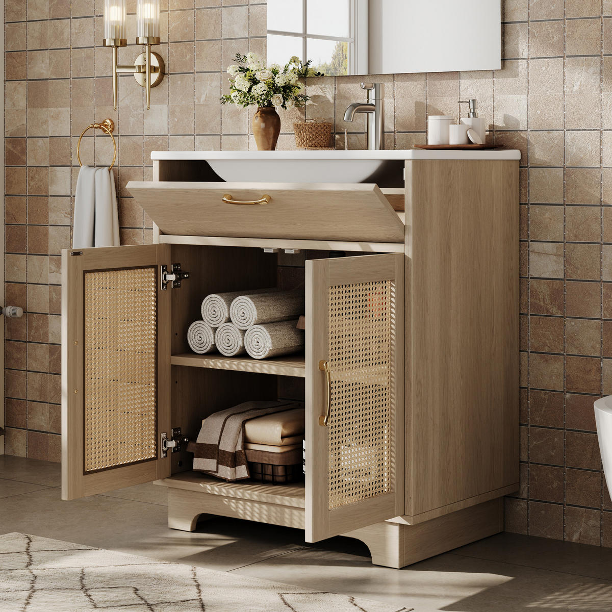 WASCHTISCHKOMBI,WASCHBECKENUNTERSCHRANK mit Keramikbecken Rattan Optik 76/46 cm - Naturfarben, Holz/Metall (87/88/46cm) - PARAFTA HOME