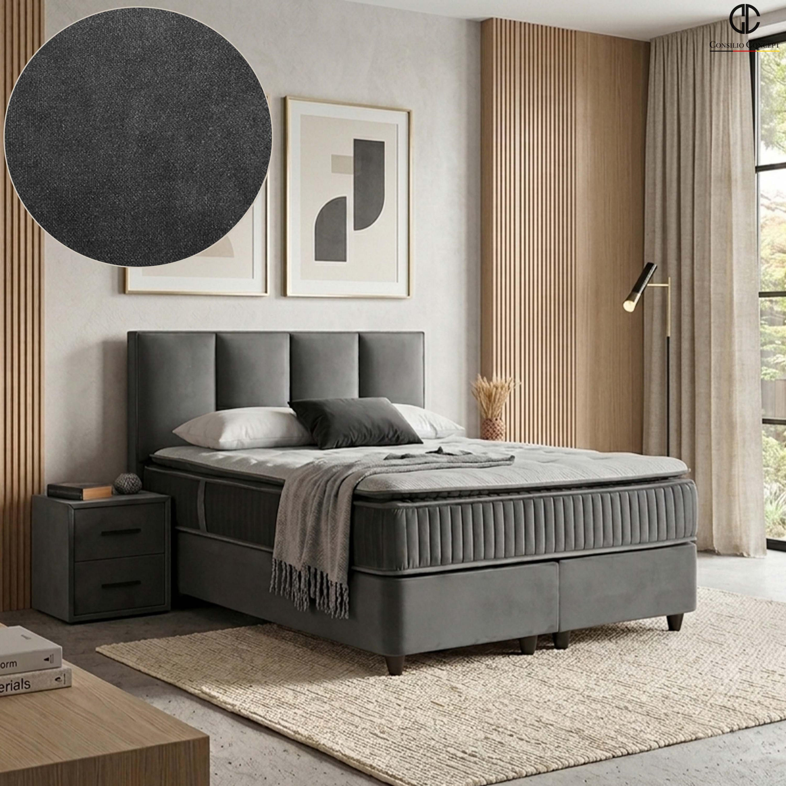 BOXSPRINGBETT MIT BETTKASTEN NAPOLI 160/200 cm, Schwarz, Bettkasten, Matratze, Topper integriert, H3 mittel - Schwarz/Braun, Holz/Kunststoff (160/200cm) - Consilio Concept
