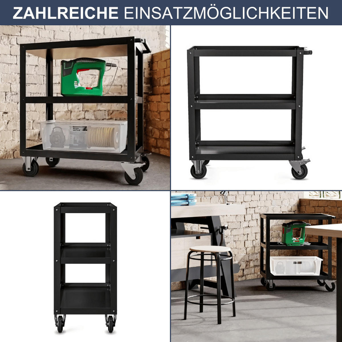 TISCHWAGEN mit Rollen Werkstattwagen AGUS 81,6x70x40cm Schwarz - Schwarz, Metall (70/81.6/40cm) - DELUKE