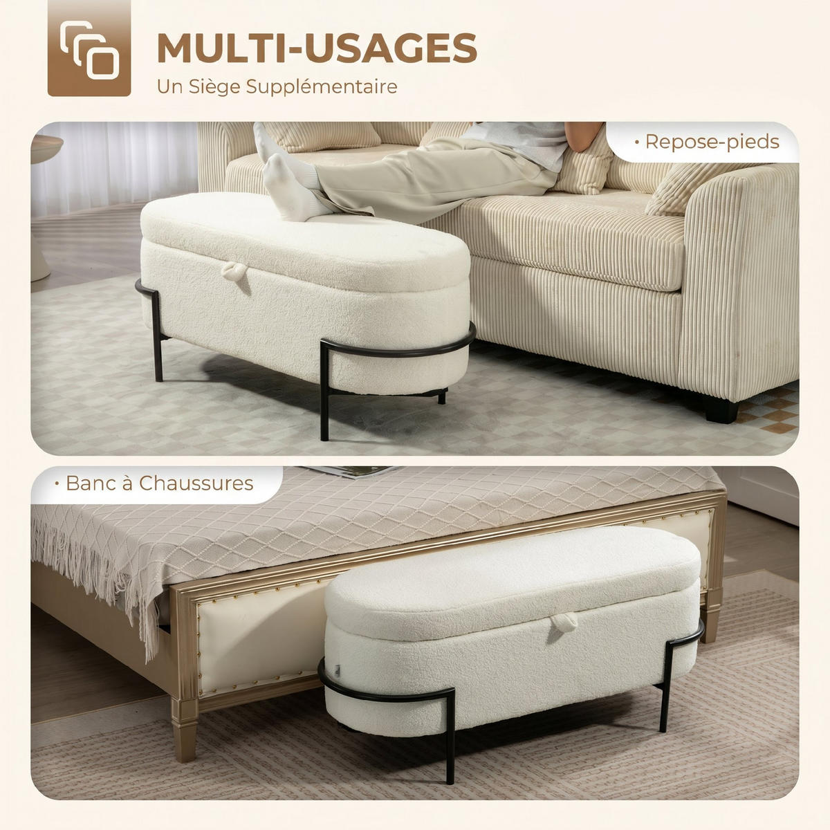 SITZBANK Creme mit Stauraum 114,5/40/48 cm - Creme, Metall (40/48/114.5cm) - PANGIVO